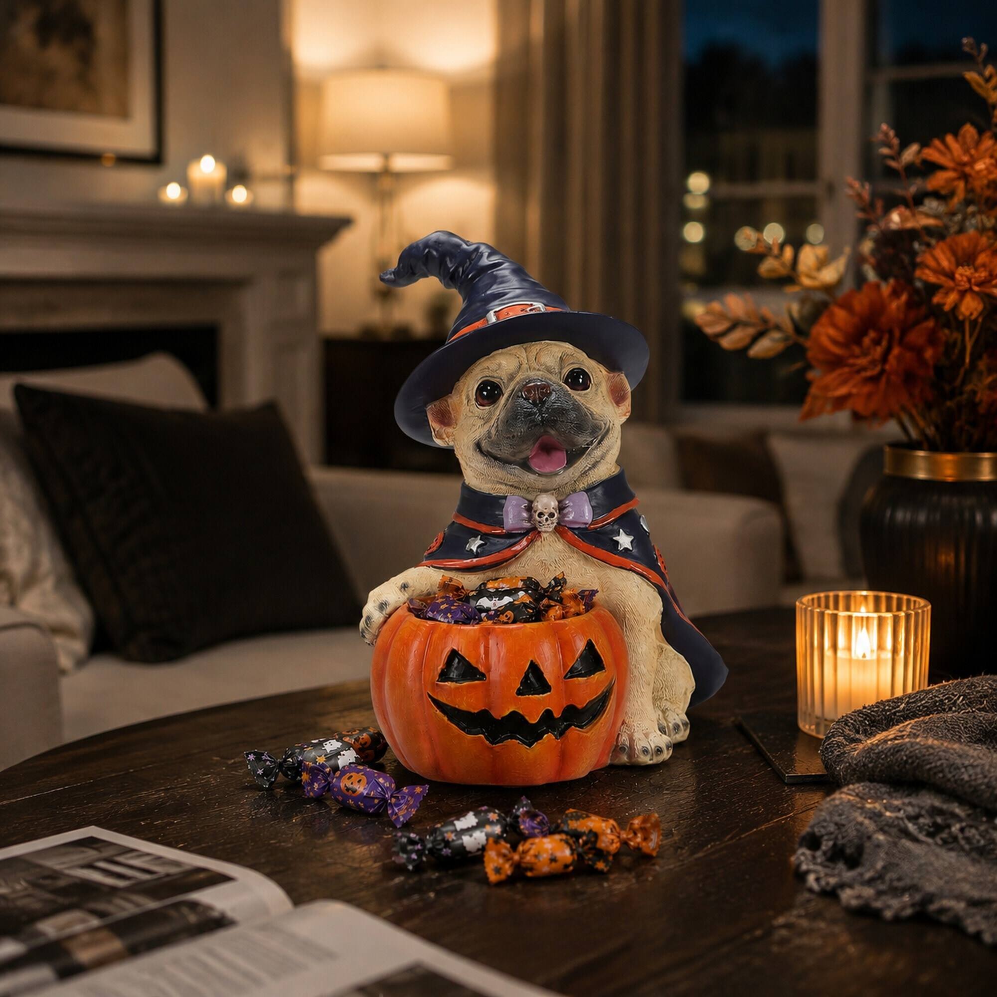 Left. RYHNUYNE - Halloween French Bulldog Witch Figurine with Pumpkin Candy Bowl Decoration, Cute Puppy Resin Statue for Tabletop - Beige.