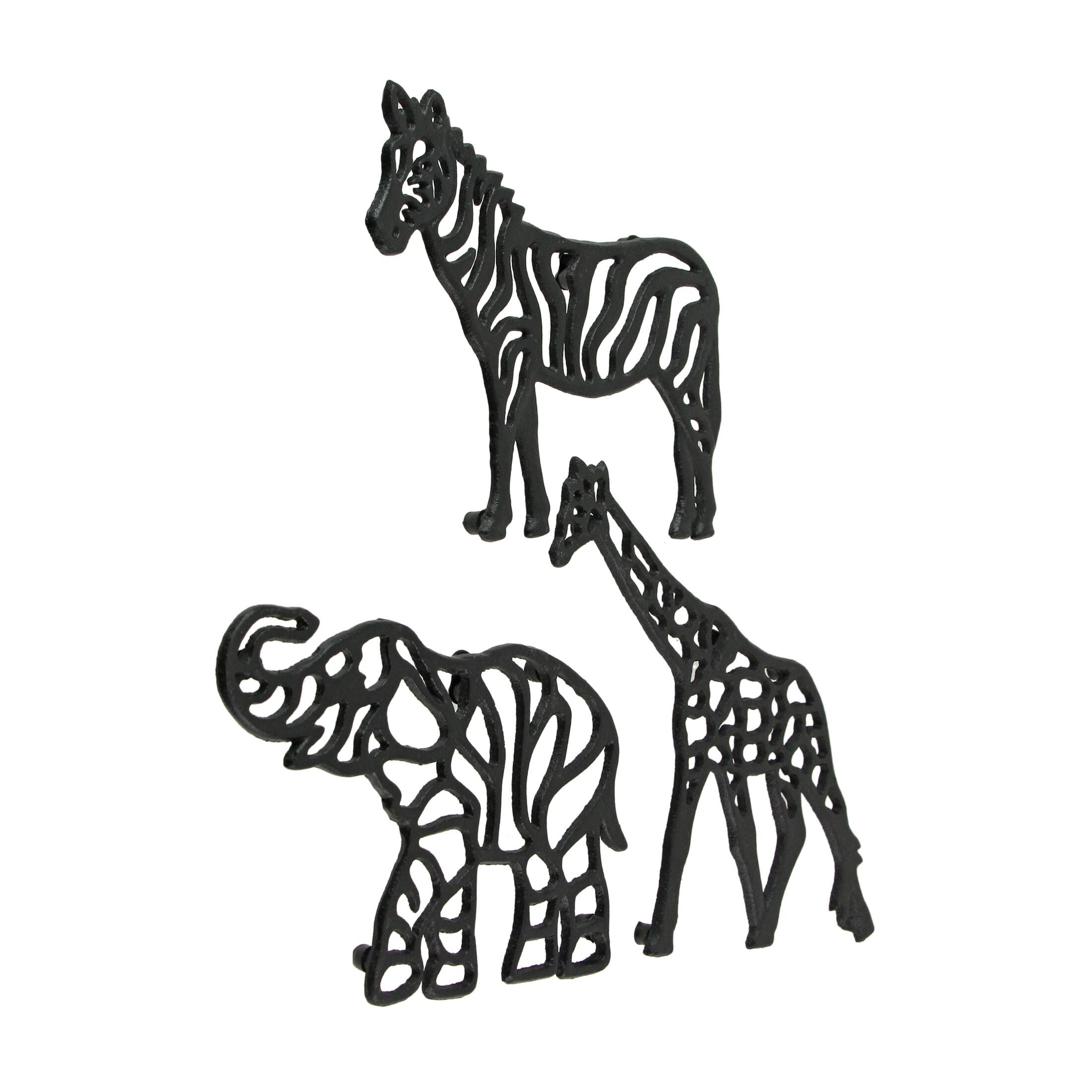Alt View 1. Zeckos - Set of 3 Black Cast Iron Safari Animal Kitchen Decor Trivets Wall Hanging Art - Black.
