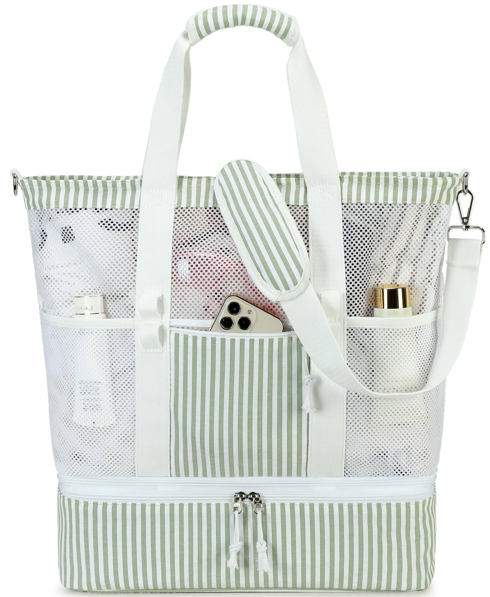 Front. Vulpecula Spade - Mesh Beach Tote Bag with Cooler Compartment Insulated Detachable Picnic Bag with Zipper and Pocket Pool Bag for Women - A-sage Green White Vertical Stripes.