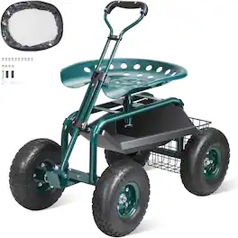 VEVOR - Garden Cart Rolling Workseat with Wheels, Gardening Stool for Planting, 360 Degree Swivel Seat, Wagon Scooter - Green