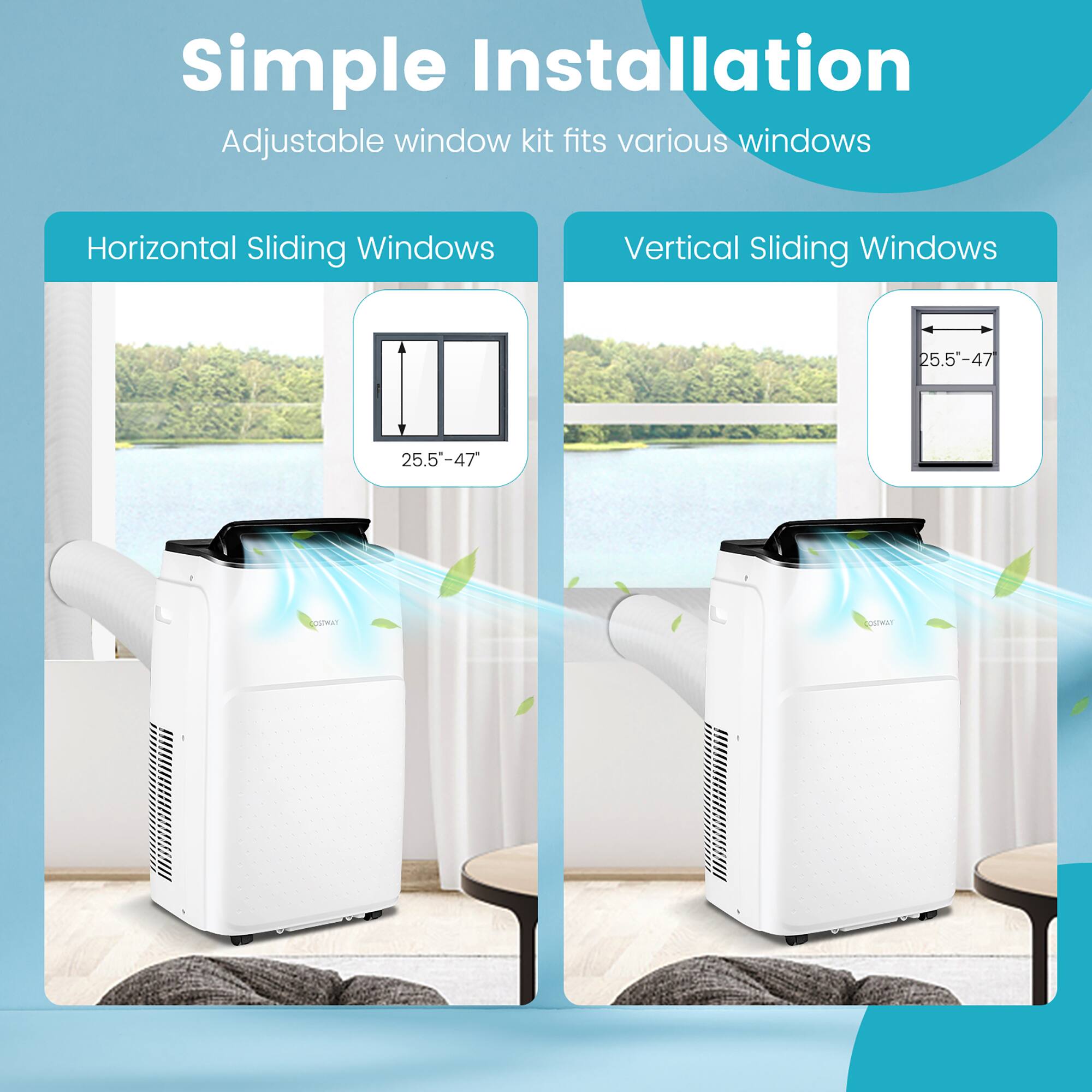 The image features a white air conditioning unit with a window kit that fits various windows. The kit is designed for horizontal and vertical sliding windows, with a size range of 25.5-47 inches. The air conditioner is shown in two different positions, one on the left side and one on the right side of the image, to provide a clear view of its installation and usage.