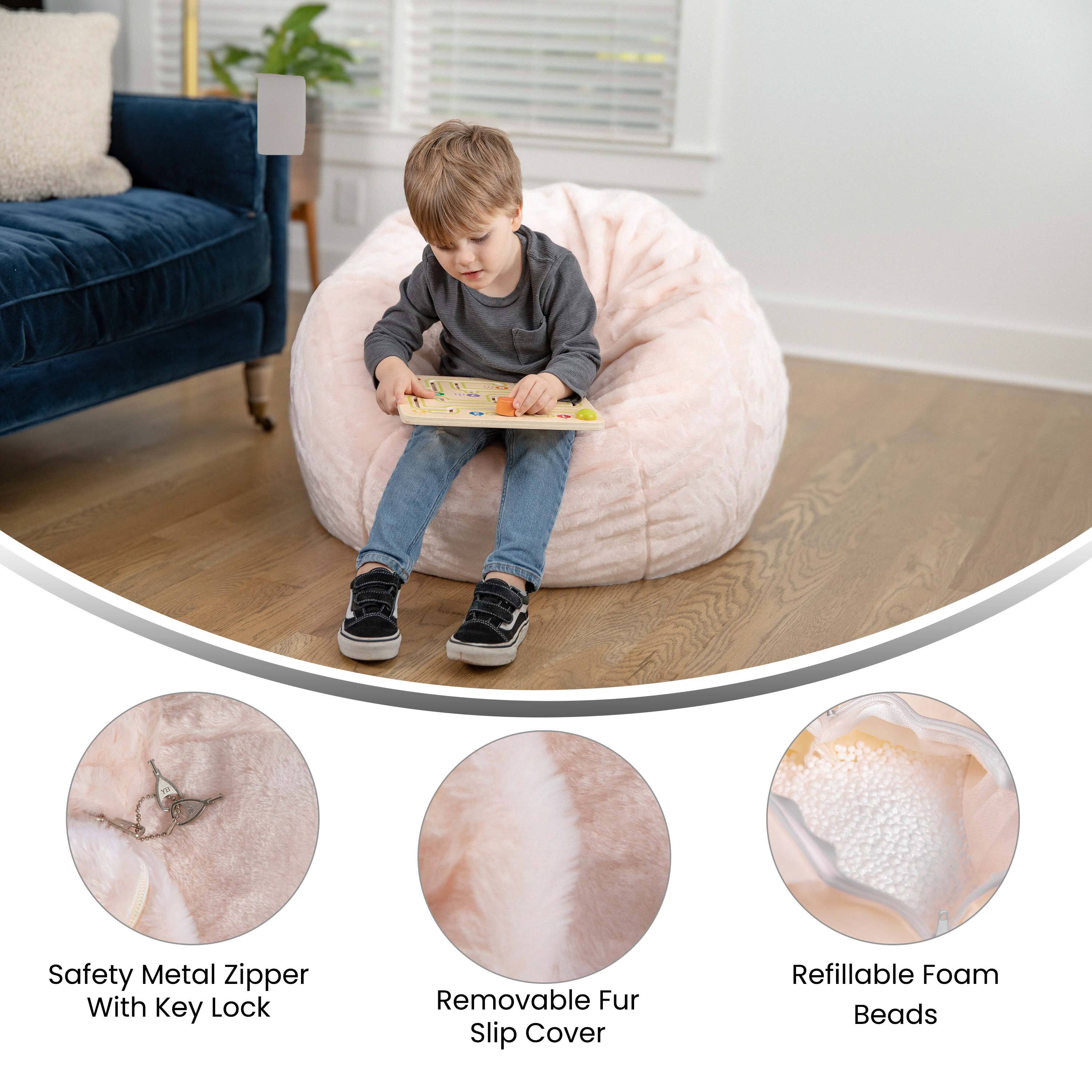 Safety Metal Zipper With Key Lock  
Removable Fur Slip Cover  
Refillable Foam Beads