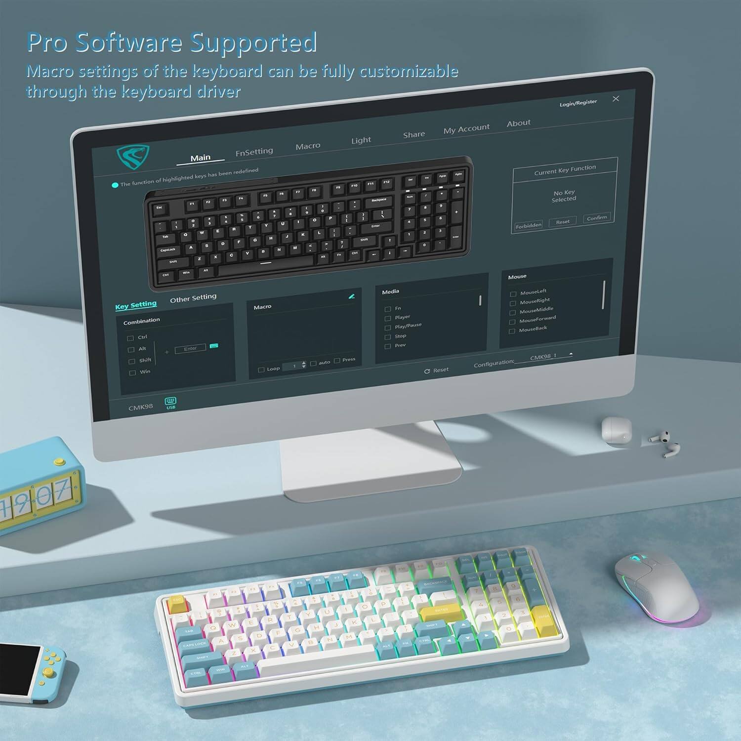 Pro Software Supported  
Macro settings of the keyboard can be fully customizable through the keyboard driver  

Main  
FnSetting  
Macro  
Light  
Share  
My Account  
About  

Login/Register  

Key Setting  
Combination  
Ctrl  
Alt  
Shift  

Other Setting  
Macro  
Loop  
Auto Press  

Media  
Play  
Pause  
Stop  
Mute  
Volume Up  
Volume Down  

Mouse  
Mouse Left  
Mouse Right  
Mouse Middle  
Mouse Forward  
Mouse Back  

Current Key Function  
No Key Selected  
Forbidden  
Reset  
Confirm  

Configuration  
CMK08  

CMK08
