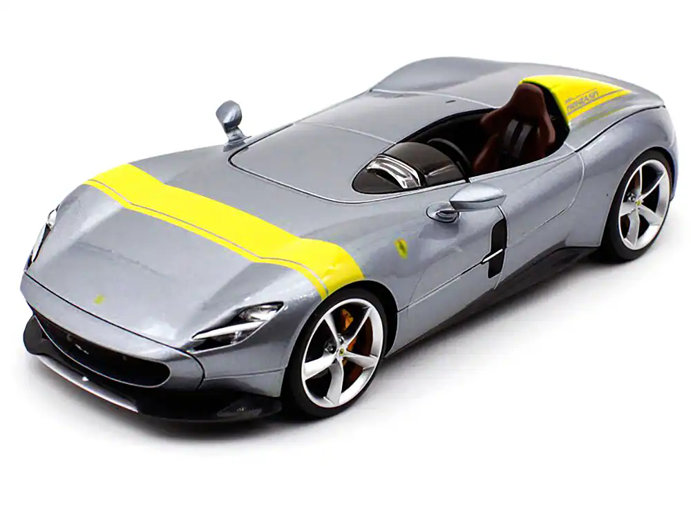 Alt View 1. Bburago - Ferrari Monza SP1 Silver Metallic with Yellow Stripes 1/18 Diecast Model Car by Bburago.