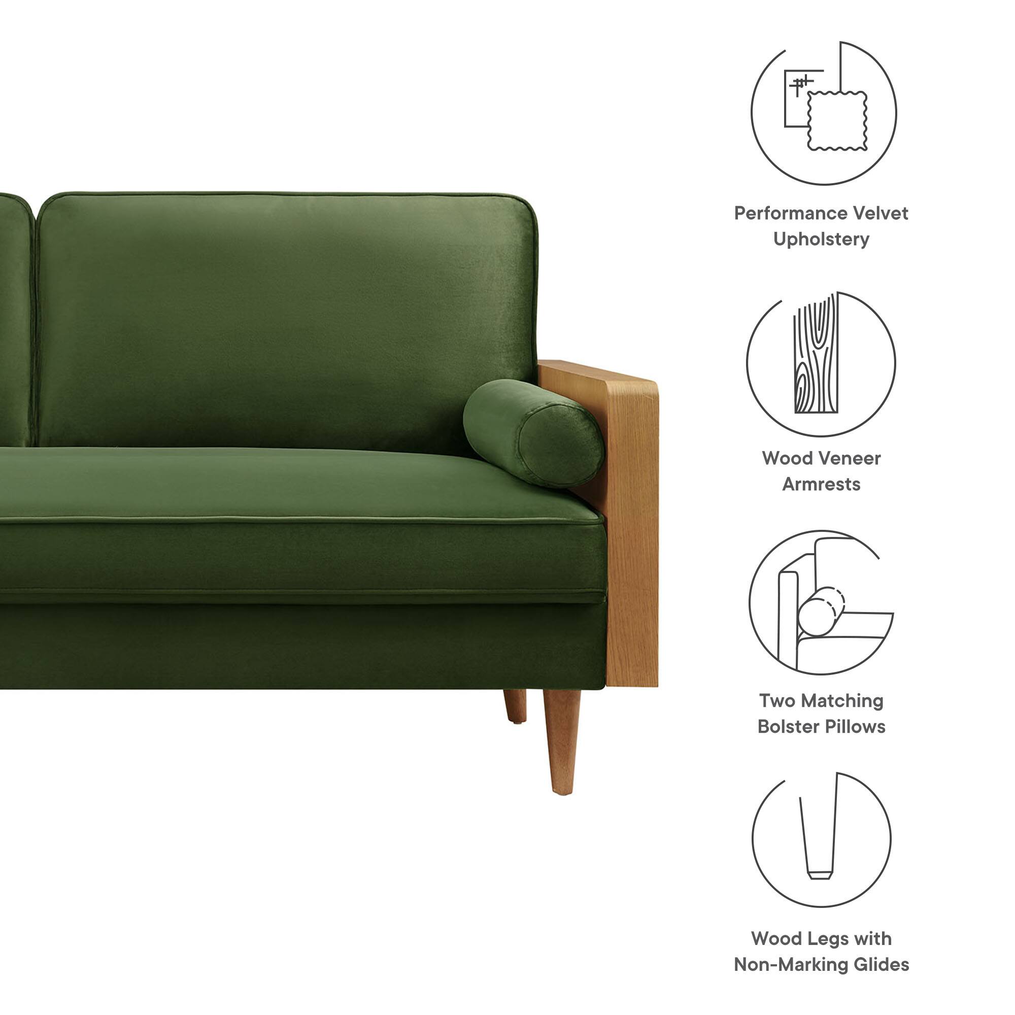 Performance Velvet Upholstery  
Wood Veneer Armrests  
Two Matching Bolster Pillows  
Wood Legs with Non-Marking Glides