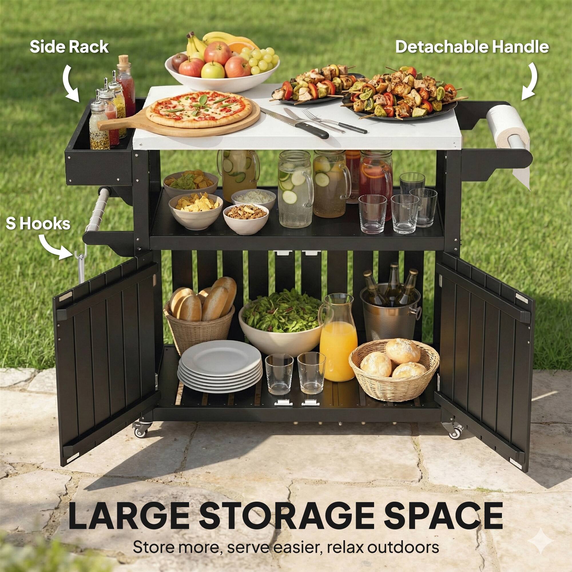 Side Rack  
Detachable Handle  
S Hooks  

LARGE STORAGE SPACE  
Store more, serve easier, relax outdoors