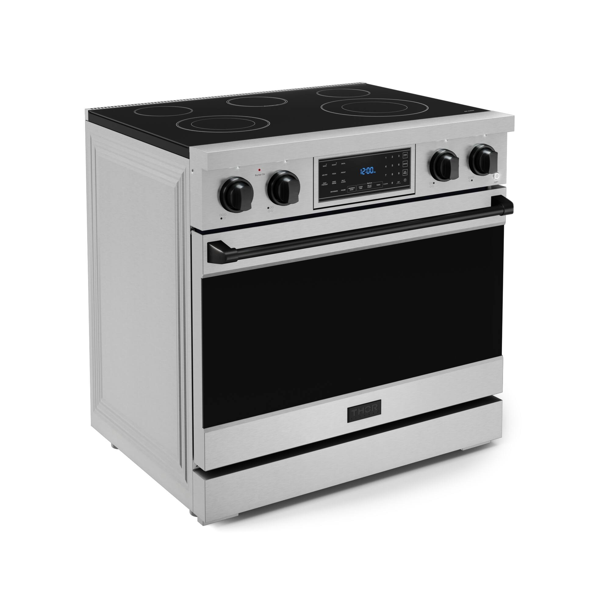 The text on the image reads "12:00 000 THOR." This is likely a reference to the Thor appliance brand, which is known for producing high-quality stainless steel ovens and stoves. The image features a stainless steel oven with a black stove top, which is a common design choice for Thor appliances.