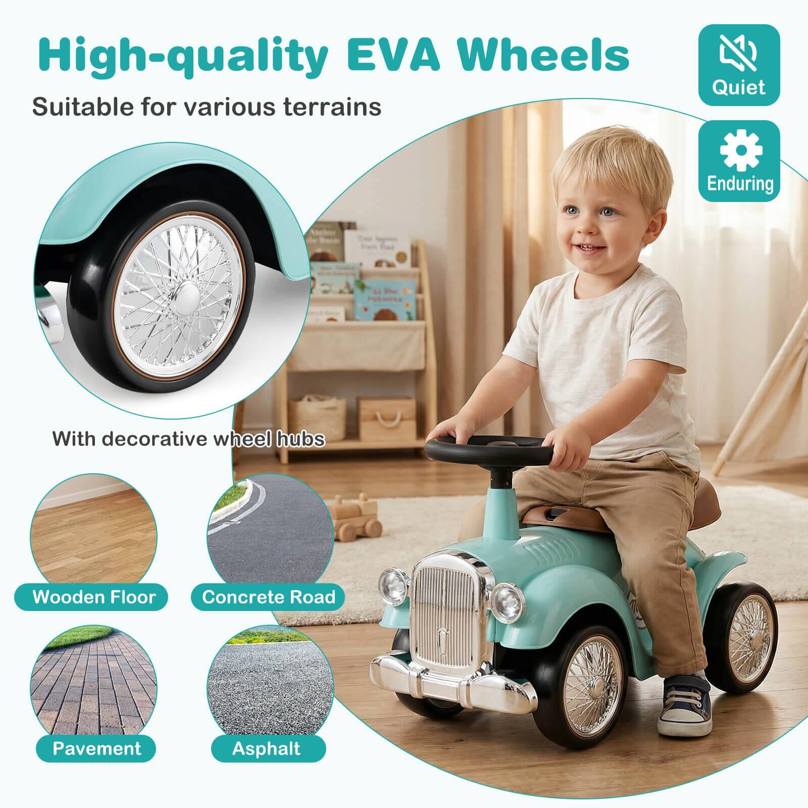 High-quality EVA Wheels  
Suitable for various terrains  
Quiet  
Enduring  
With decorative wheel hubs  
Wooden Floor  
Concrete Road  
Pavement  
Asphalt