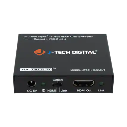 J-Tech Digital 18Gbps HDMI Audio Embedder Support 4K/60HZ 4:4:4 H. J-TECH DIGITAL TM 4K ULTRAHD MODEL: JTECH-18GAEV2 Optical DC 5V HDMI Line HDMI Out Link