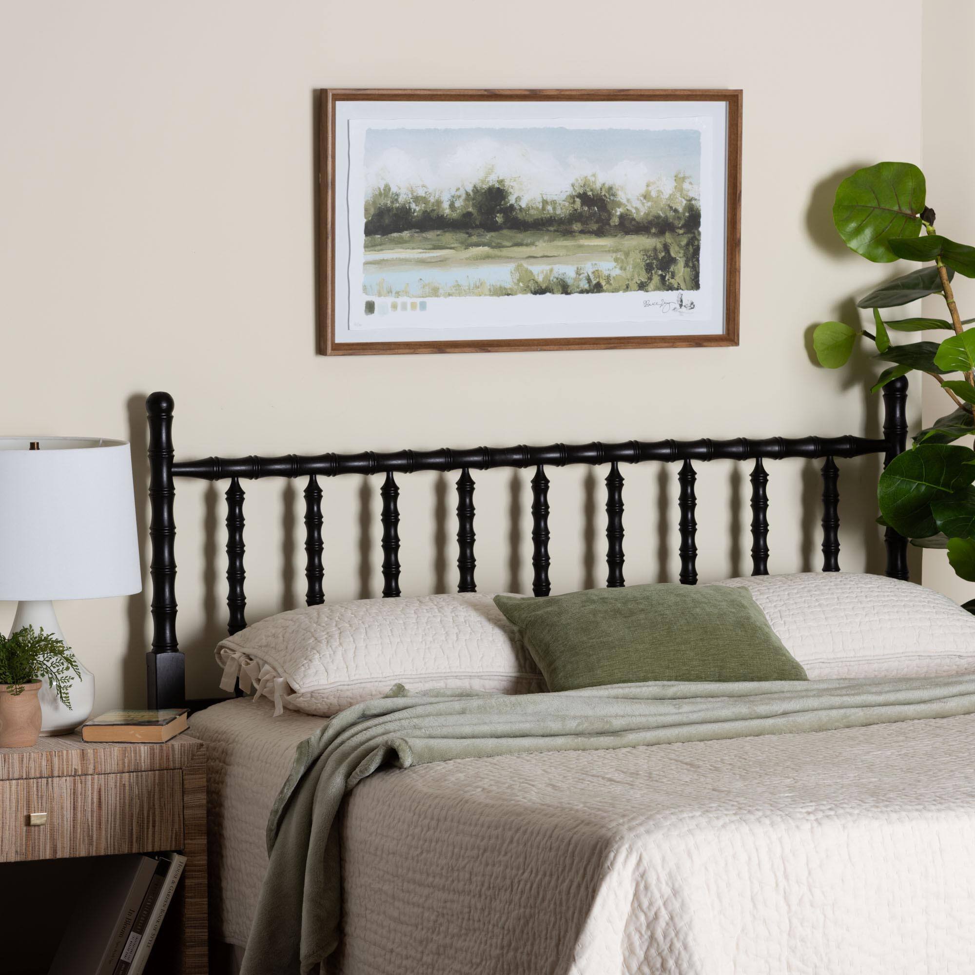 Back. Baxton Studio - Edaline Bamboo Motif Headboard - Crafted Wood Panel with Decorative Turned Spindle Design for Boho Costal Bedroom, Full - Black.