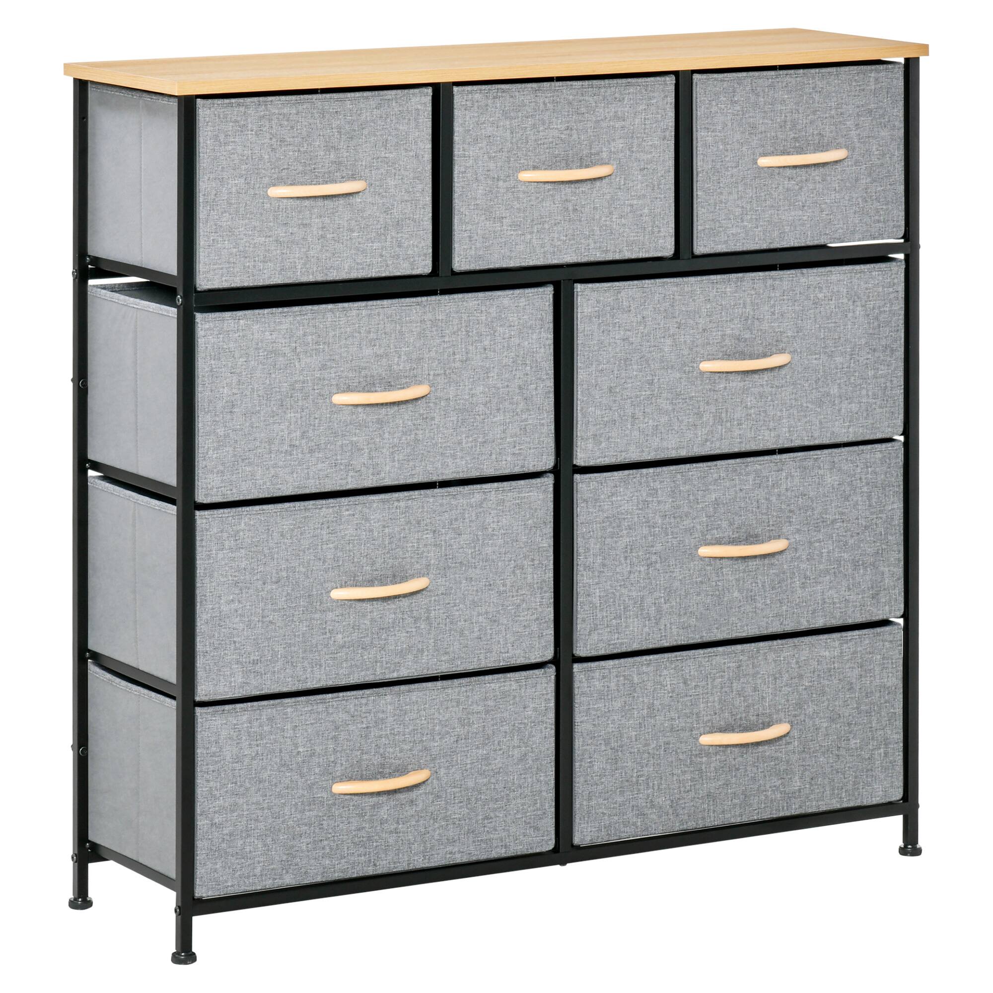 Front. Homcom - 9 Drawers Storage Chest Dresser Organizer Unit w/ Steel Frame, Wood Top, Easy Pull Fabric Bins, for Hallway - Oak & Grey.