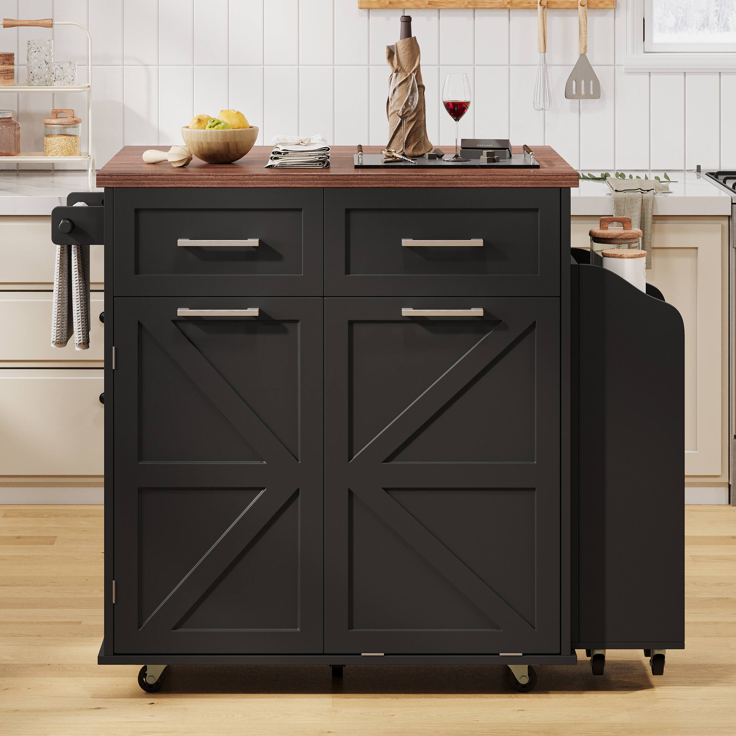 PexFix - 47.2" Farmhouse Kitchen Island with Drop Leaf - Rolling Storage Cart with 2 Drawers, Side Racks & Towel Rack - Black