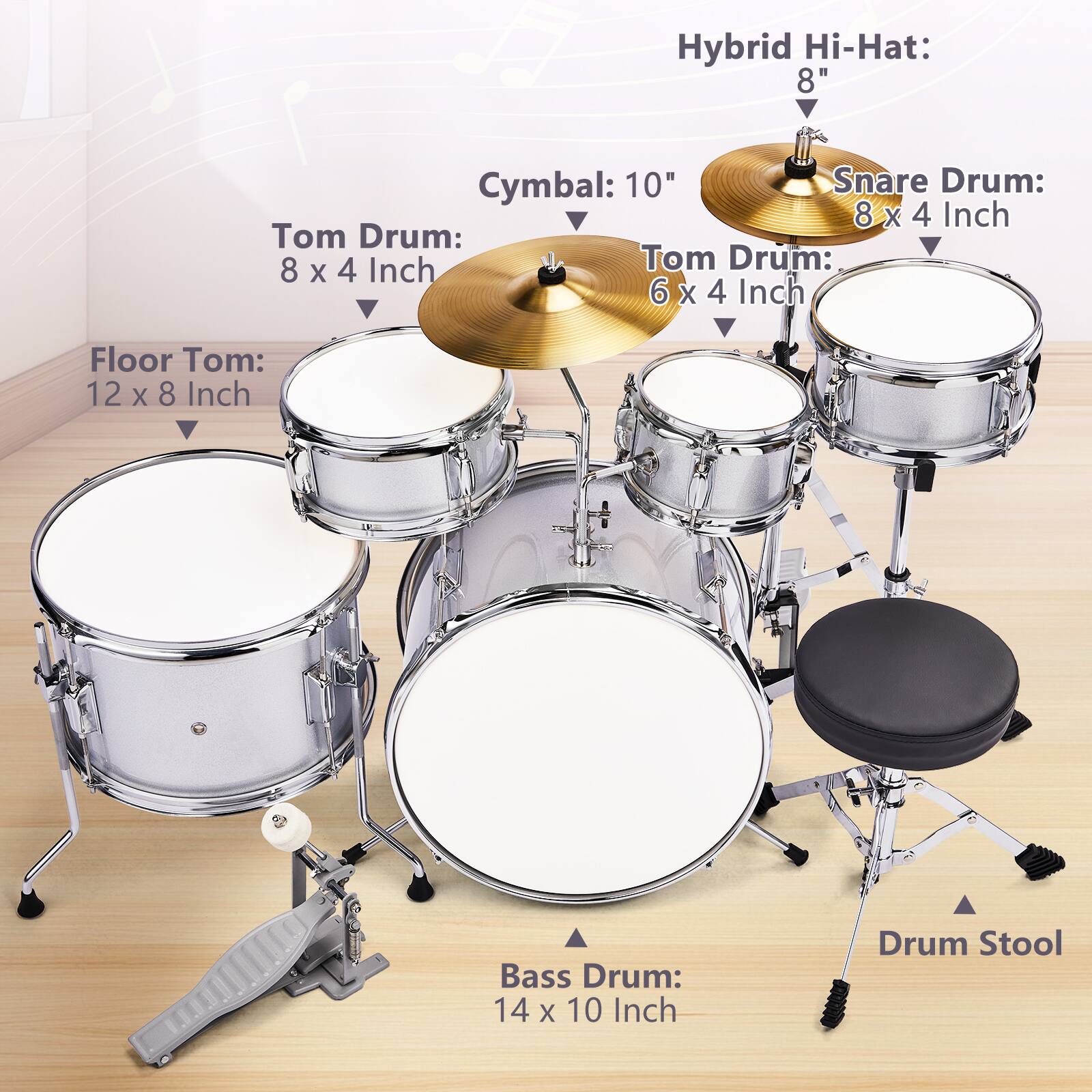 Hybrid Hi-Hat: 8"  
Cymbal: 10"  
Snare Drum: 8 x 4 Inch  
Tom Drum: 8 x 4 Inch  
Tom Drum: 6 x 4 Inch  
Floor Tom: 12 x 8 Inch  
Bass Drum: 14 x 10 Inch  
Drum Stool