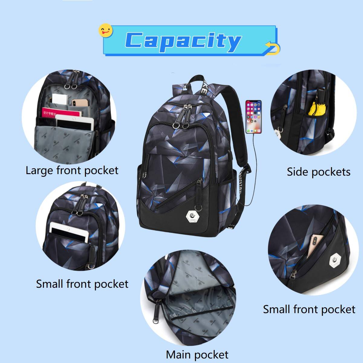 Capacity

- Large front pocket
- Side pockets
- Small front pocket
- Small front pocket
- Main pocket
