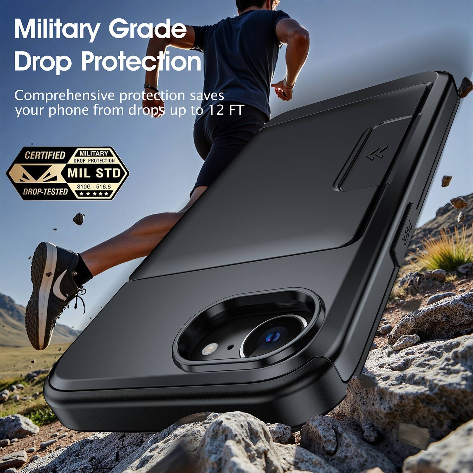 Military Grade Drop Protection  
Comprehensive protection saves your phone from drops up to 12 FT  

CERTIFIED MILITARY DROP PROTECTION  
MIL STD 810G-516.6 DROP-TESTED