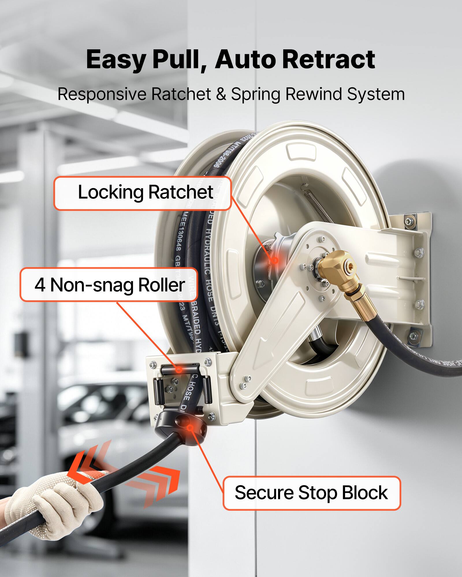Easy Pull, Auto Retract  
Responsive Ratchet & Spring Rewind System  
Locking Ratchet  
4 Non-snag Roller  
Secure Stop Block