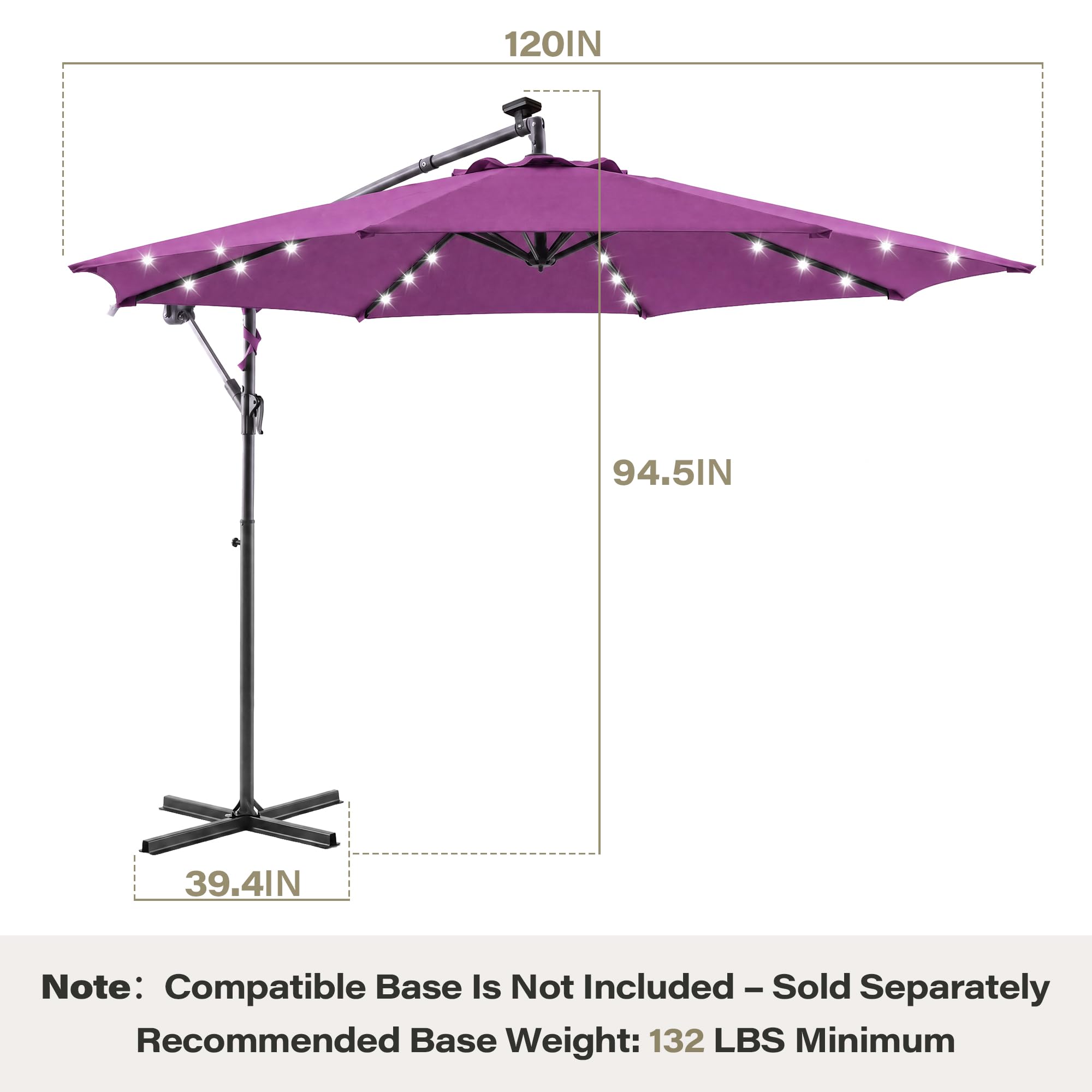 120IN  
94.5IN  
39.4IN  

Note: Compatible Base Is Not Included - Sold Separately  
Recommended Base Weight: 132 LBS Minimum
