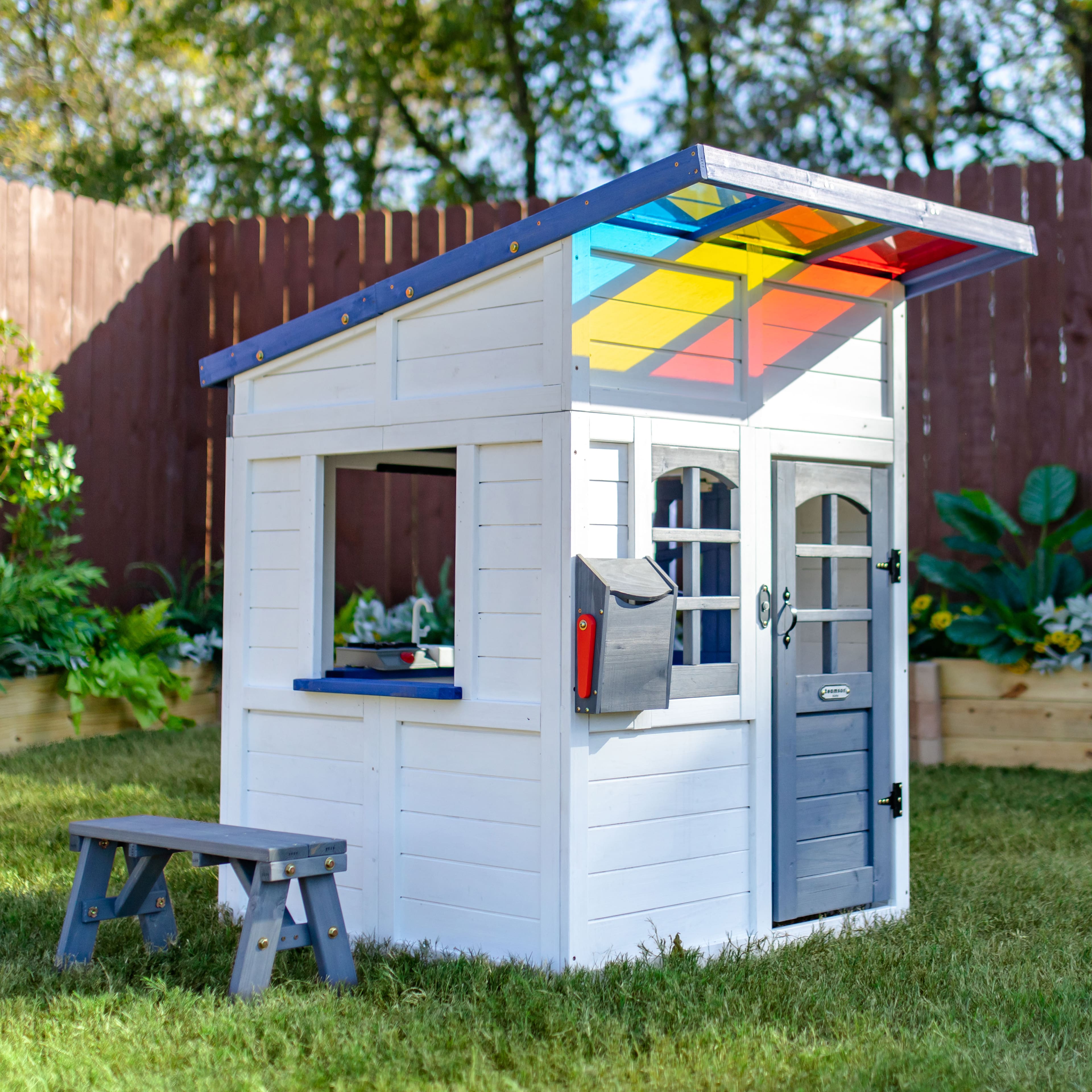 Teamson Kids - Rainbow Shade Outdoor Wooden Playhouse, White
