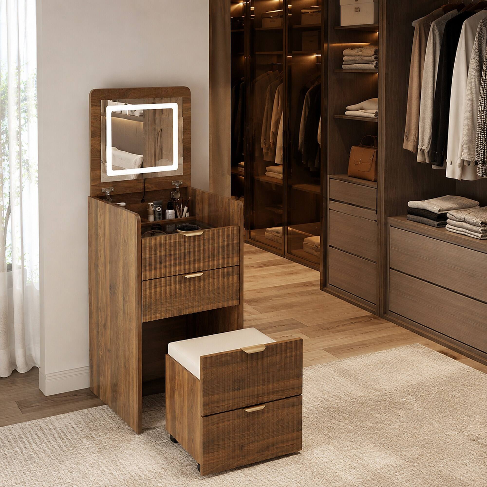 Left. RYHNUYNE - 3 in 1 Vanity Desk, Flip Top Mirror with Lights, 3 Drawers, Rolling Stool, Walnut Makeup Table - Walnut.
