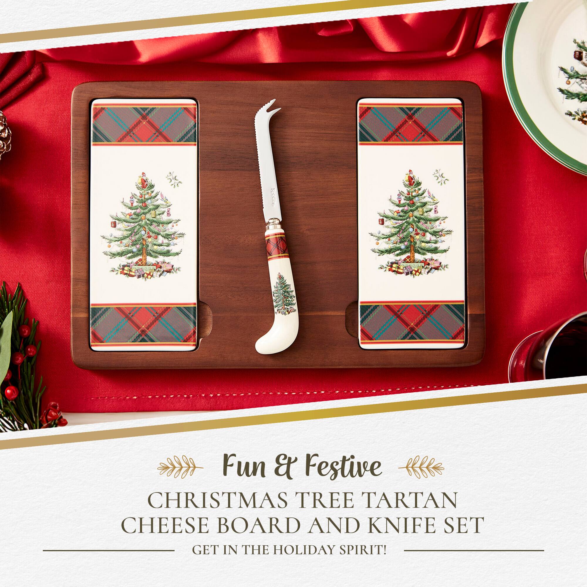 Fun & Festive  
CHRISTMAS TREE TARTAN CHEESE BOARD AND KNIFE SET  
GET IN THE HOLIDAY SPIRIT!
