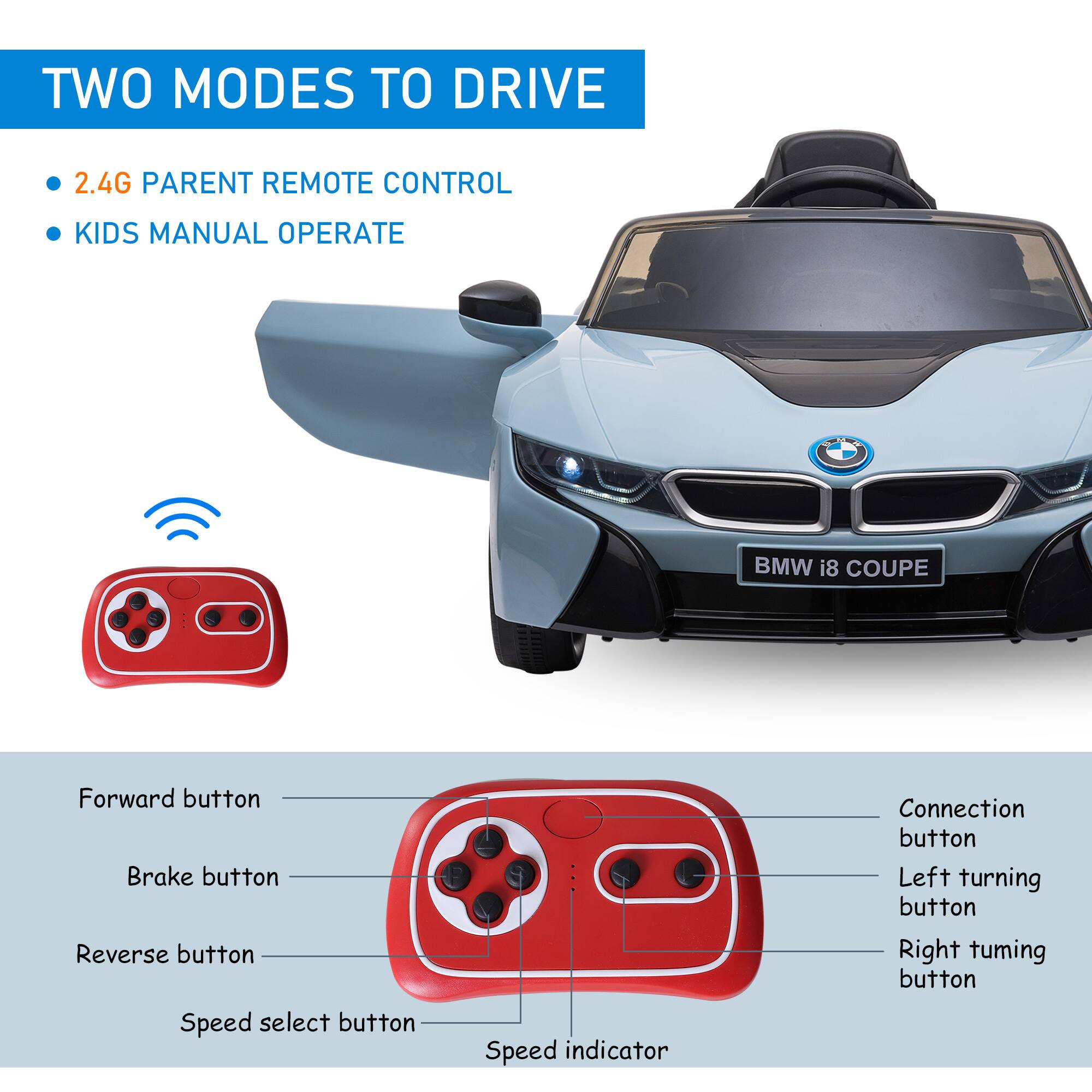 TWO MODES TO DRIVE

- 2.4G PARENT REMOTE CONTROL
- KIDS MANUAL OPERATE

BMW i8 COUPE

Forward button
Brake button
Reverse button
Speed select button
Speed indicator
Connection button
Left turning button
Right turning button