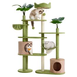 Songmics Home - Cat Tree, 68.1-Inch Tall Cat Tower, Multi-Level Plush Condo with Artificial Leaves, 3 Scratching Posts - Grass Green and Camel Brown
