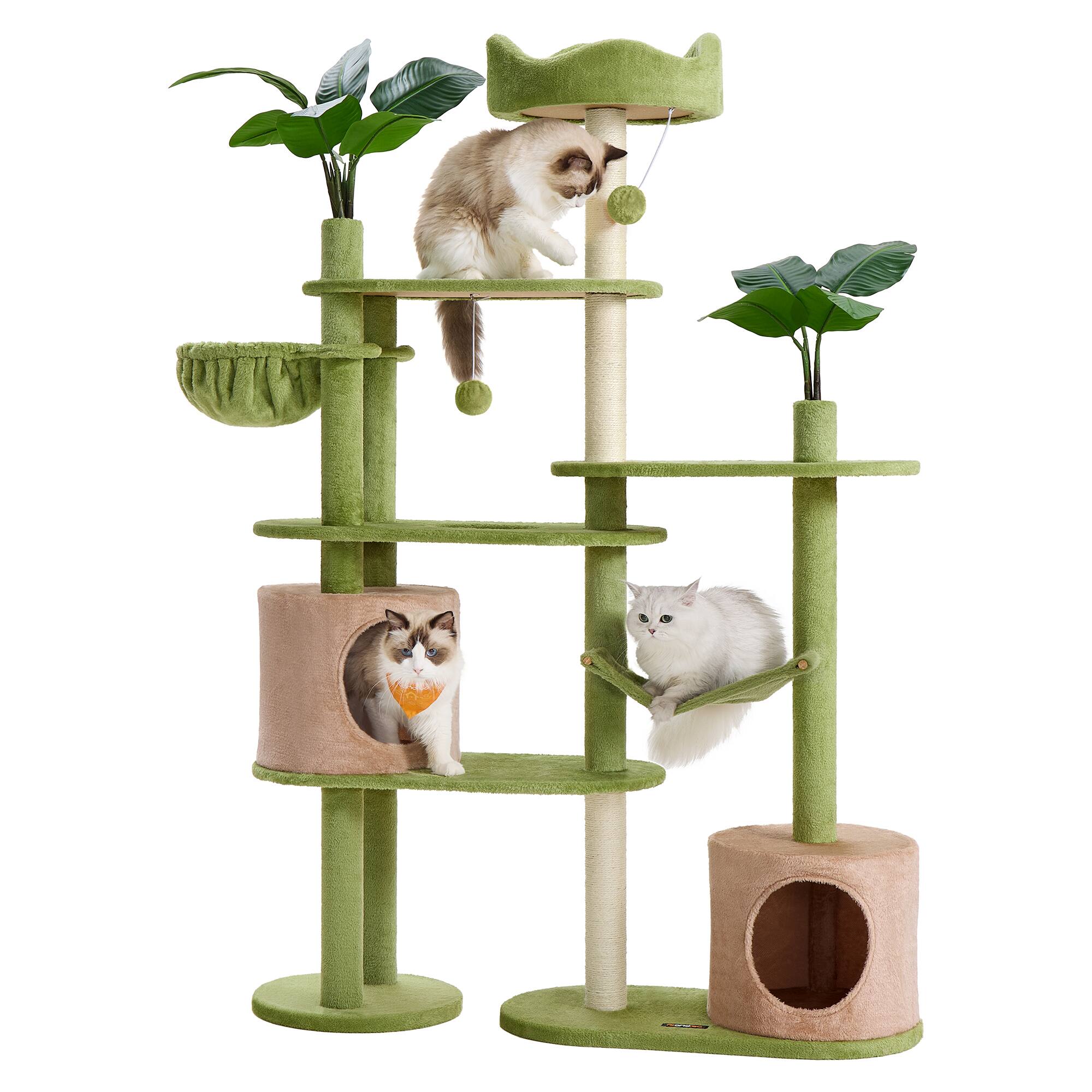 Front. Songmics Home - Cat Tree, 68.1-Inch Tall Cat Tower, Multi-Level Plush Condo with Artificial Leaves, 3 Scratching Posts - Grass Green and Camel Brown.
