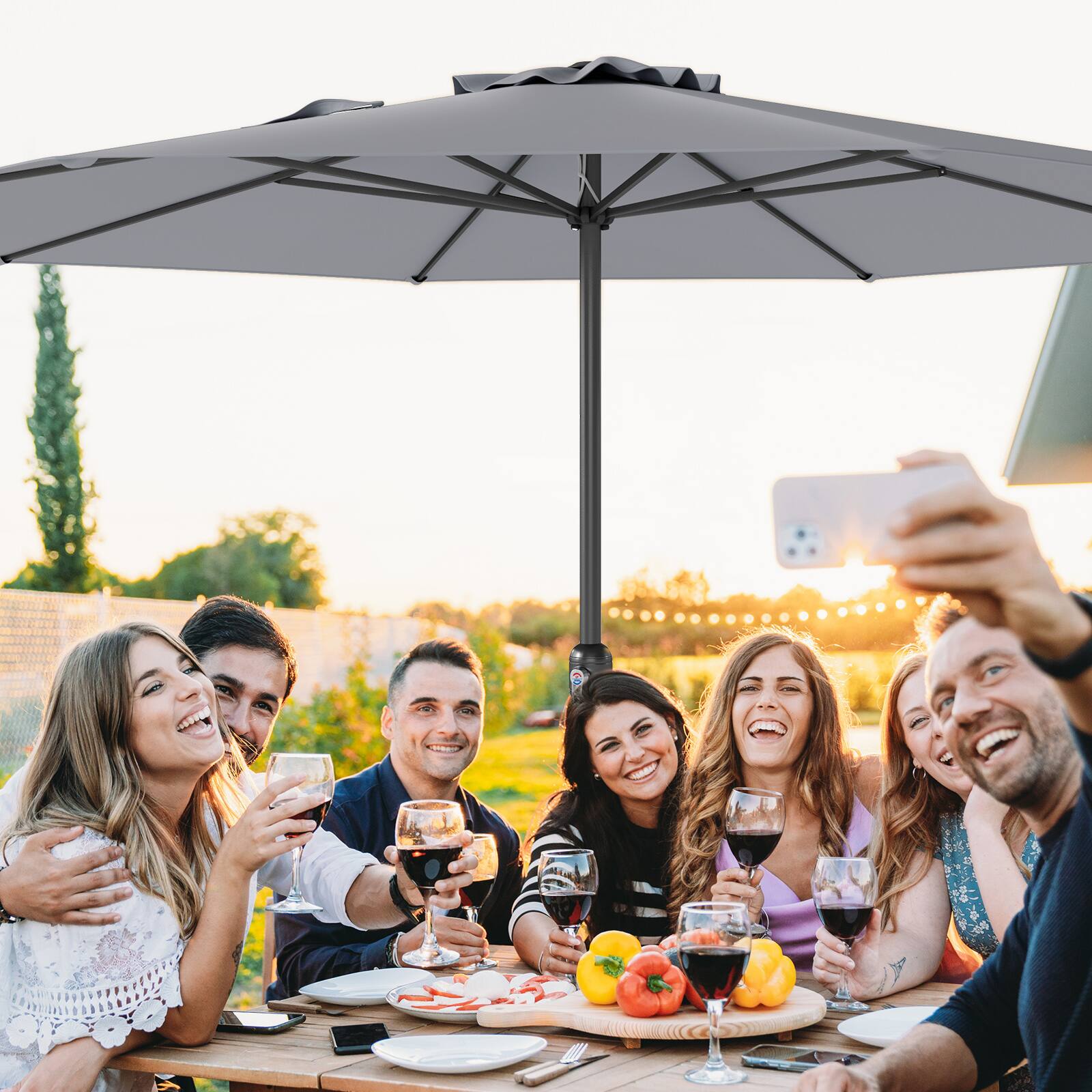 Angle. SlickBlue - Heavy Duty 12-Foot Patio Umbrella with Crank Handle and 8 Ribs - Grey.