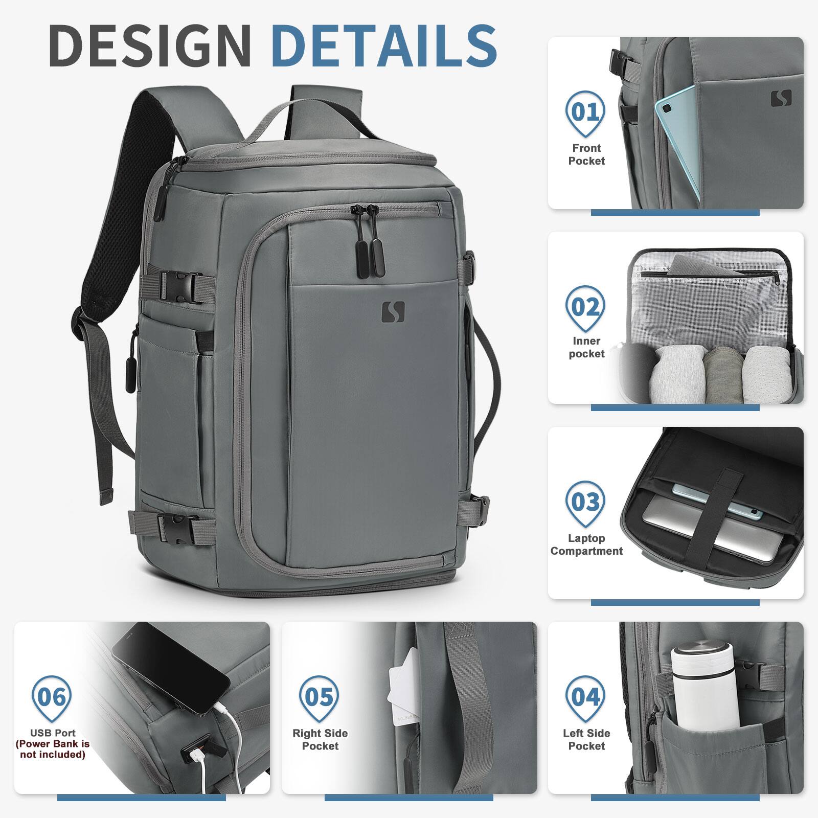 DESIGN DETAILS

01 Front Pocket  
02 Inner Pocket  
03 Laptop Compartment  
04 Left Side Pocket  
05 Right Side Pocket  
06 USB Port (Power Bank is not included)