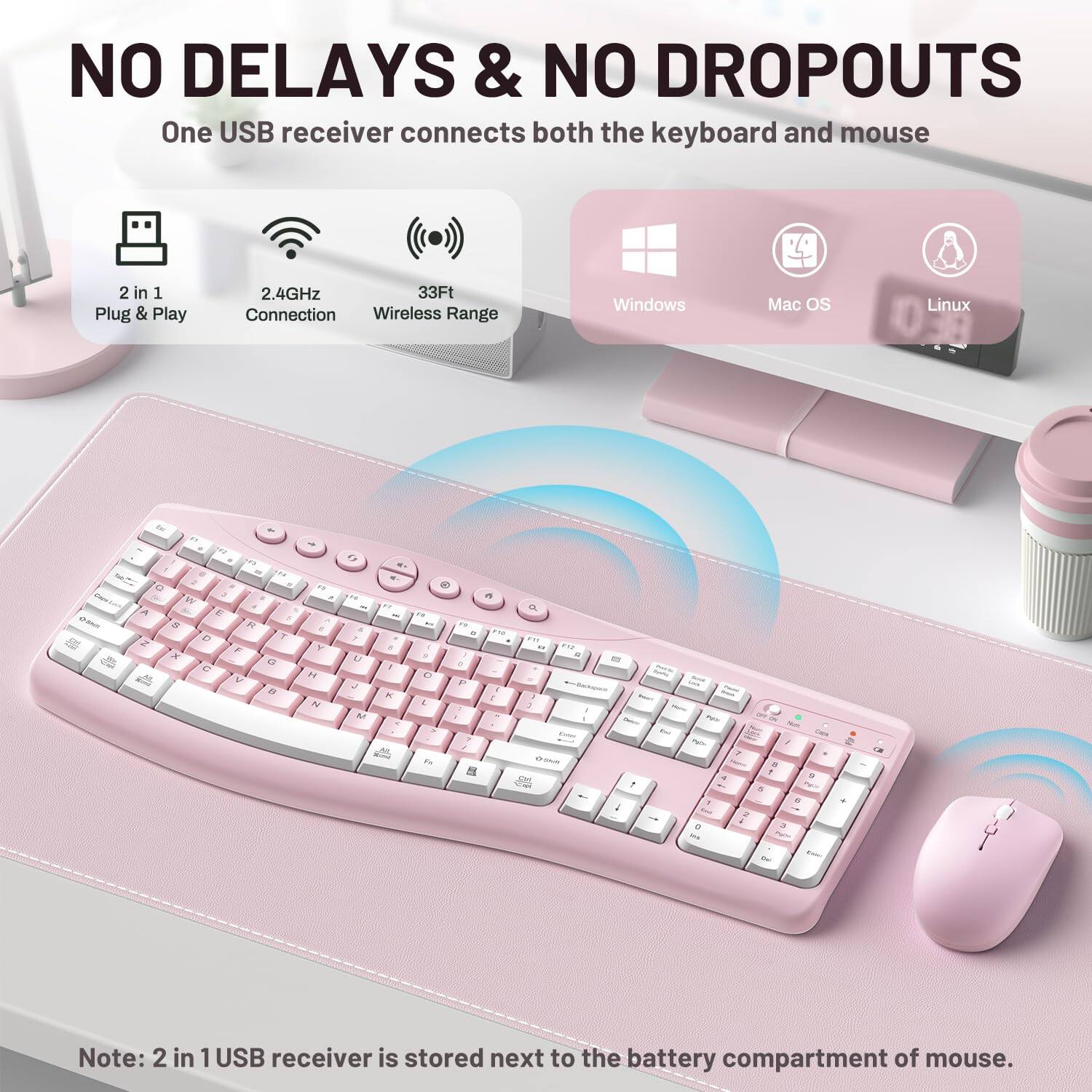 NO DELAYS & NO DROPOUTS  
One USB receiver connects both the keyboard and mouse

2 in 1 Plug & Play  
2.4GHz 33Ft Connection Wireless Range  
Windows  
Mac OS  
Linux  

Note: 2 in 1 USB receiver is stored next to the battery compartment of mouse.