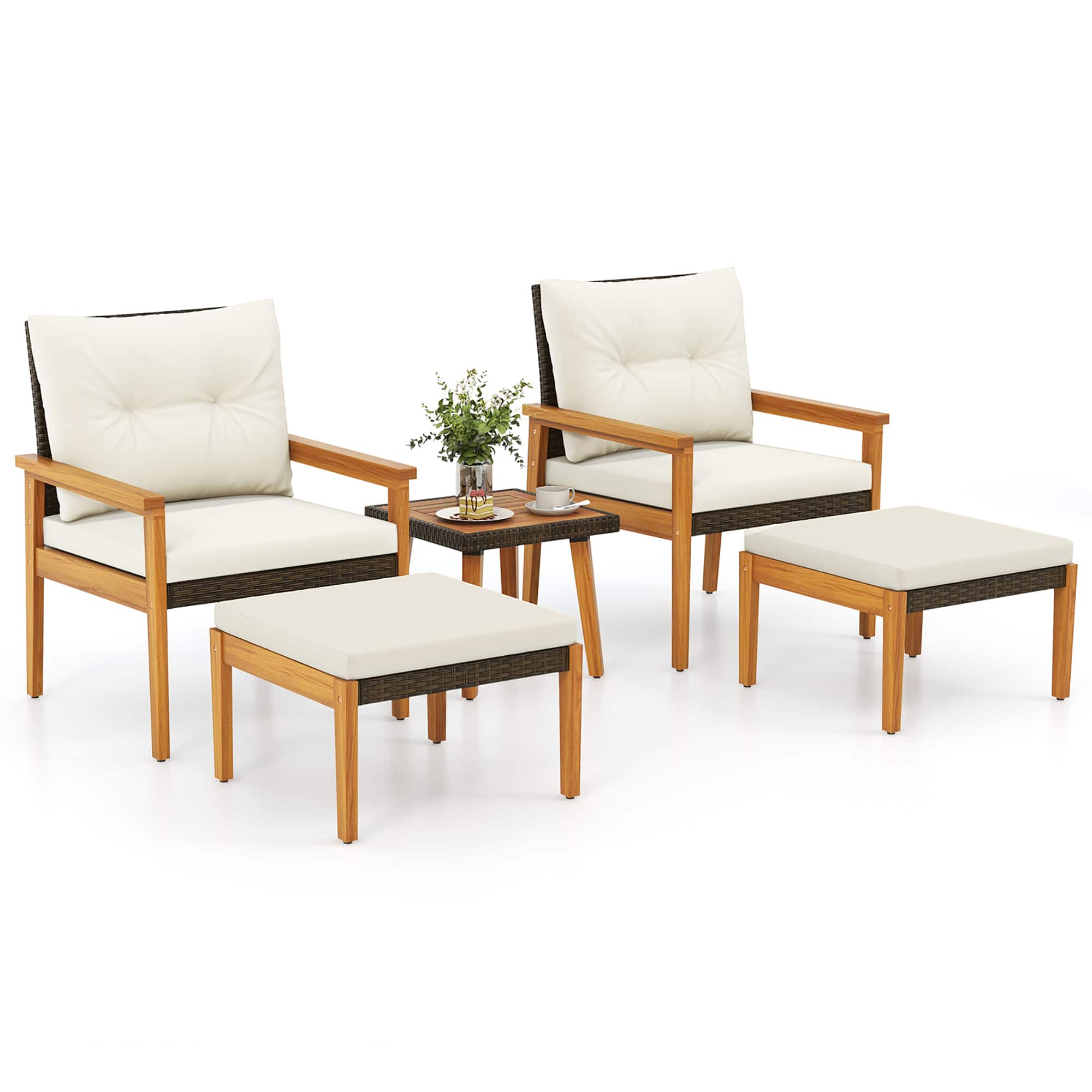 Gymax - 5 Piece Rattan Furniture Set Wood Frame Chairs & Ottomans w/ Square Coffee Table - Off White price history on PriceWatchPro