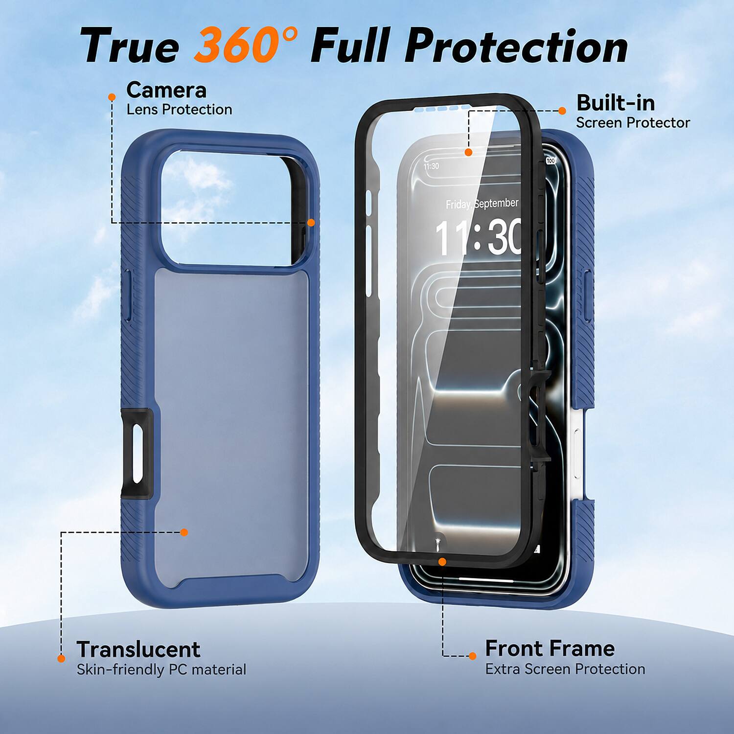 True 360° Full Protection

- Camera Lens Protection
- Built-in Screen Protector
- Translucent Skin-friendly PC material
- Front Frame Extra Screen Protection