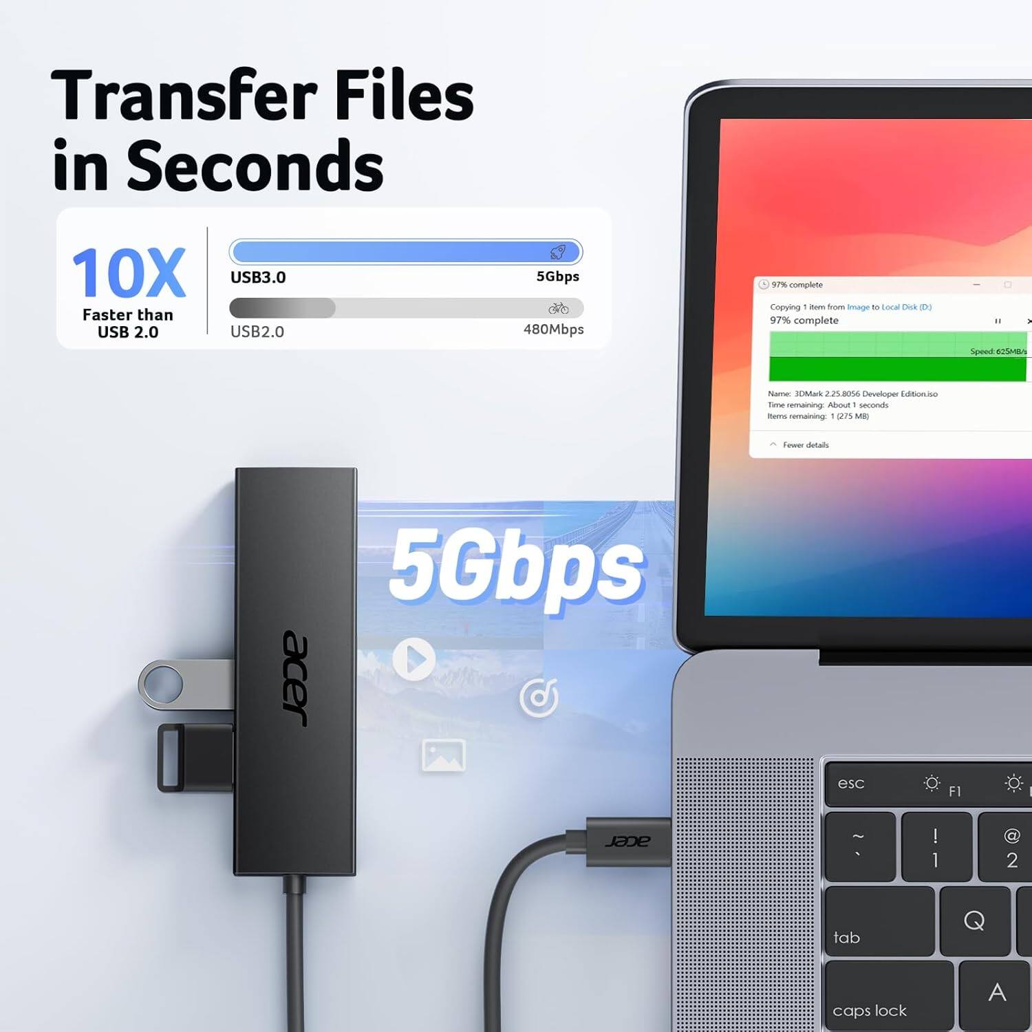 Transfer Files in Seconds  
10X USB3.0 Faster than USB 2.0  
USB2.0 5Gbps 480Mbps  

97% complete  
Copying 1 Item from Image to Local Disk (D:)  
Speed 2.250054 MB/s  
Name: 3DMark 2.2.5095 Developer Edition.iso  
Size: 2.25 GB  
Time remaining: 1.25 s  
Items remaining: 1 (2.25 MB)  

Developer: Eabon  
Time remaining: 1.25 s  
Bemo romaining: 1 u1S  
ME om eta 5Gbps  

acer  
esc F1 | 1 2 tab caps lock A