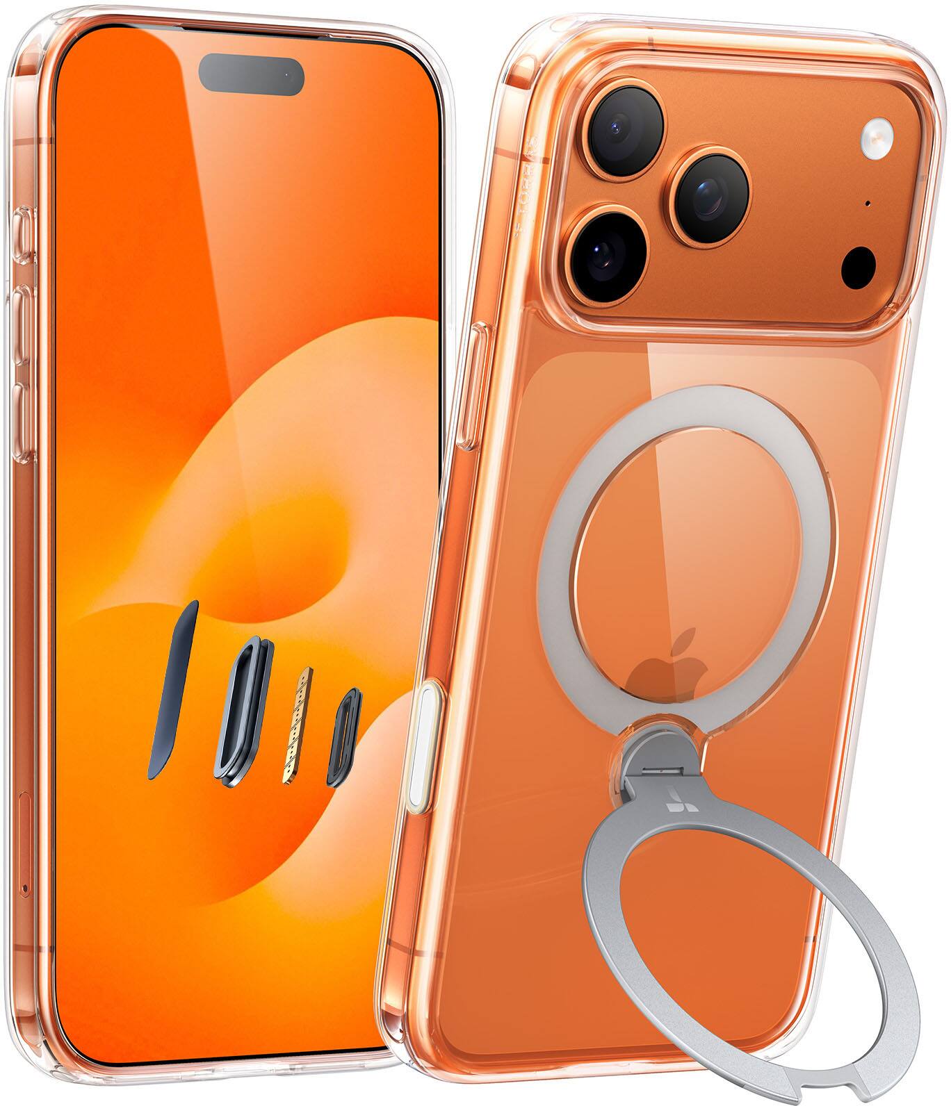 Angle. TORRAS - Ostand Q3 Spin - Military-Grade Magnetic Rotatable Case,  90° Adjustable Stand & MagSafe for Apple iPhone 17 Pro - Clear.