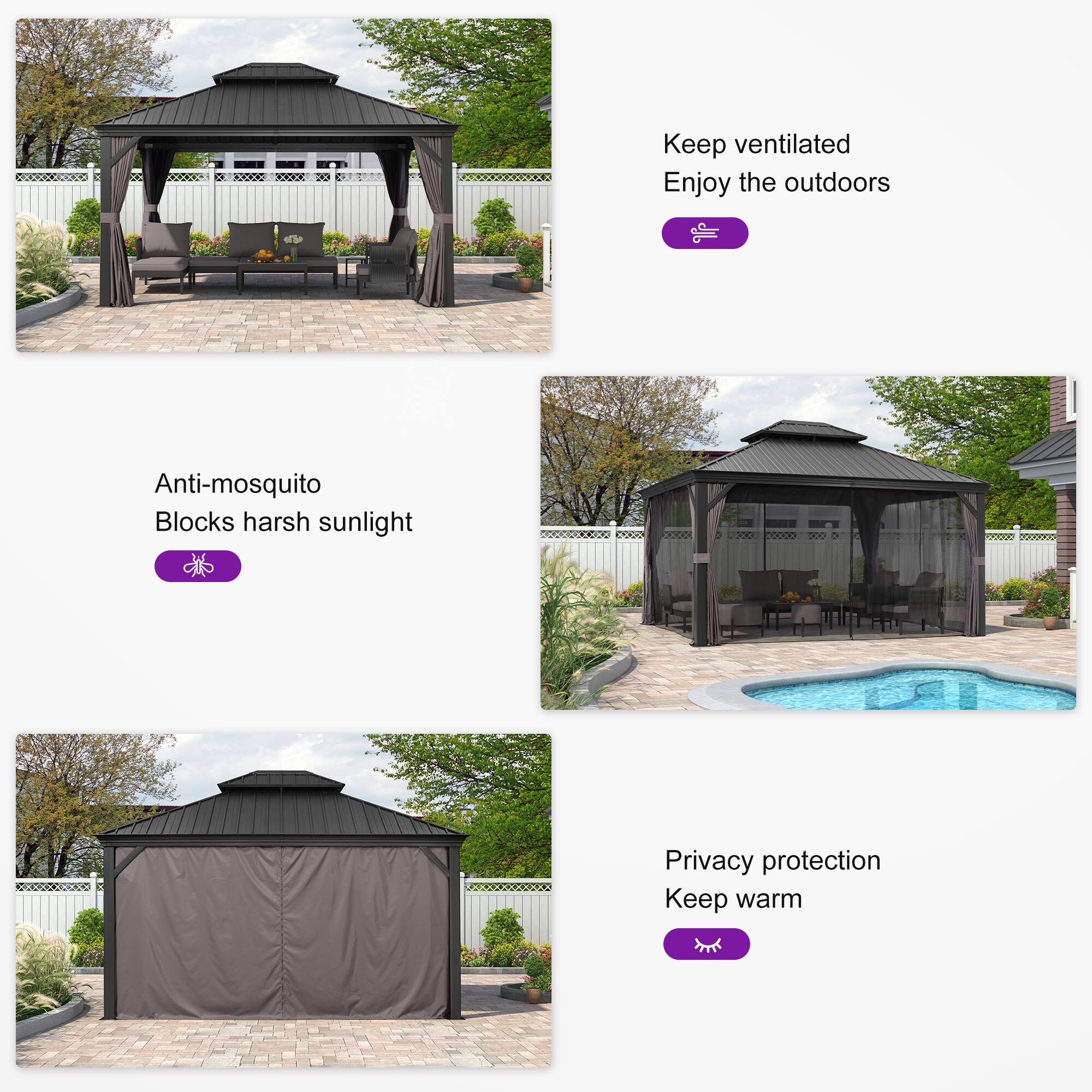- Keep ventilated
- Enjoy the outdoors

- Anti-mosquito
- Blocks harsh sunlight

- Privacy protection
- Keep warm