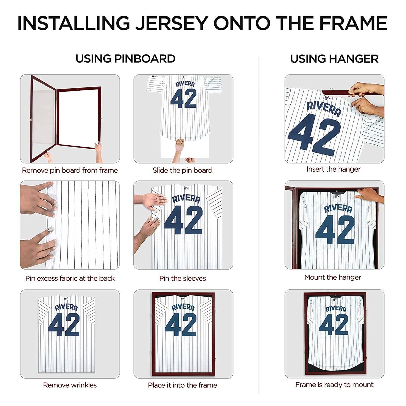 **INSTALLING JERSEY ONTO THE FRAME**

**USING PINBOARD**

1. Remove pin board from frame
2. Slide the pin board
3. Pin excess fabric at the back
4. Pin the sleeves
5. Remove wrinkles
6. Place it into the frame

**USING HANGER**

1. Insert the hanger
2. Mount the hanger
3. Frame is ready to mount