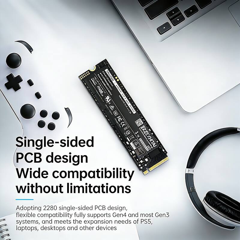 Single-sided PCB design  
Wide compatibility without limitations  

Adopting 2280 single-sided PCB design, flexible compatibility fully supports Gen4 and most Gen3 systems, and meets the expansion needs of PS5, laptops, desktops and other devices