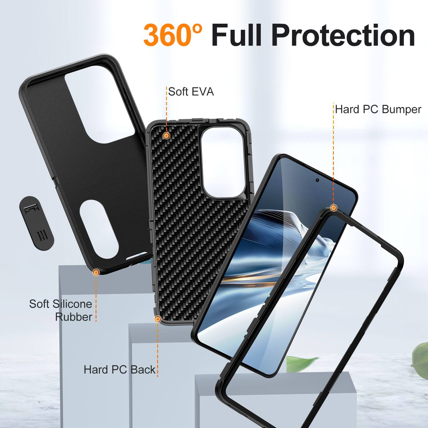 360° Full Protection

- Soft EVA
- Hard PC Bumper
- Soft Silicone Rubber
- Hard PC Back