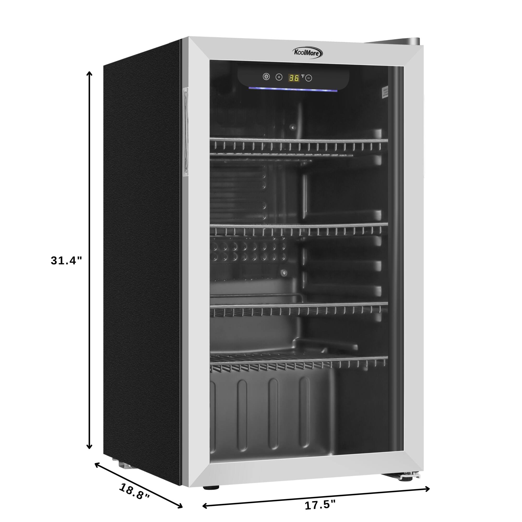 The image shows a KoolMore 36 inch refrigerator with a 17.5 inch door. The refrigerator is empty and has a black door. The dimensions of the refrigerator are 31.4 inches in height, 18.8 inches in width, and 17.5 inches in depth.