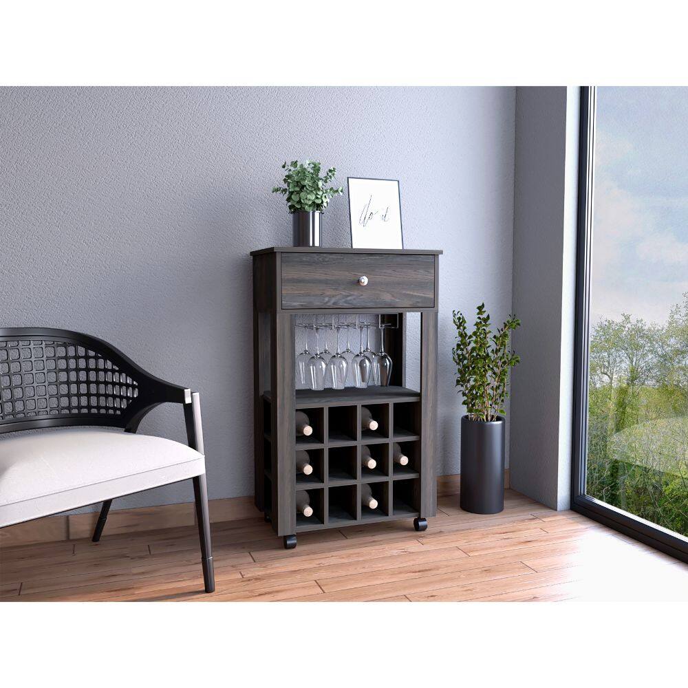 Angle. TuHome - Memphis Bar Cart, Twelve Built-In Wine Rack, Casters, Drawer, Living Room or Bar Room - Espresso.