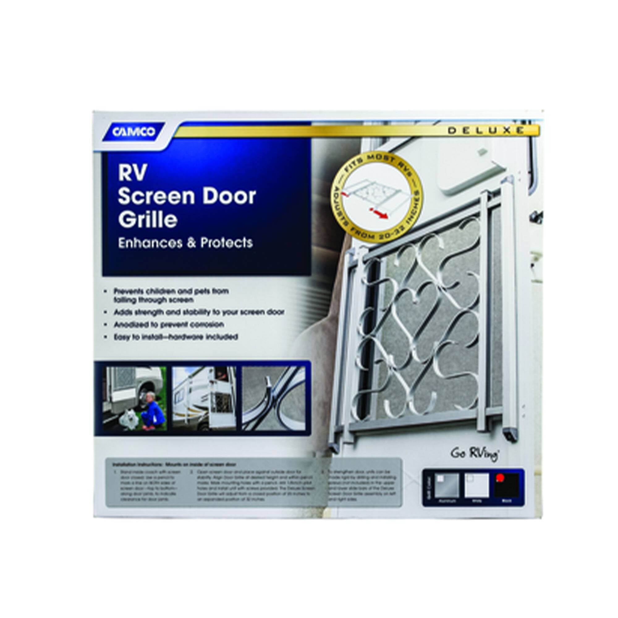 CAMCO DELUXE RV Screen Door Grille Enhances & Protects

- Fits most RVs
- Adjustable inches from 20-33
- Prevents children and pets from falling through screen
- Adds strength and stability to your screen door
- Anodized to prevent corrosion
- Easy to install - hardware included

Go RVing