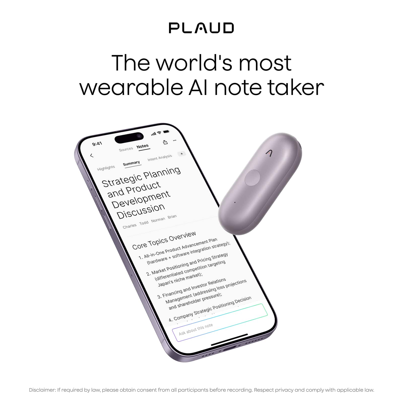 PLAUD - NotePin S Smart AI Voice/Audio Recorder - Purple