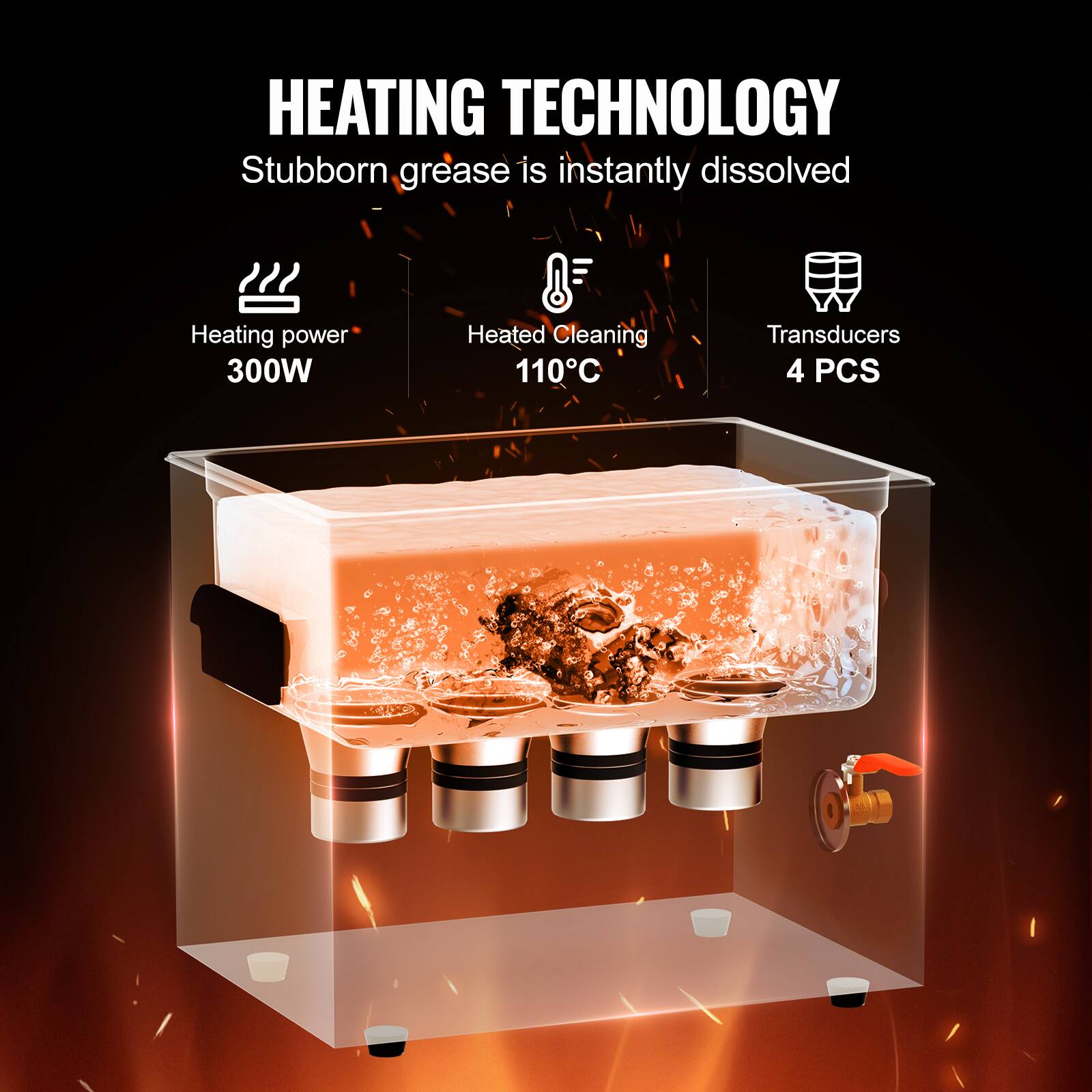 HEATING TECHNOLOGY
Stubborn grease is instantly dissolved
Heating power 300W
Heated Cleaning 110°C
Transducers 4 PCS