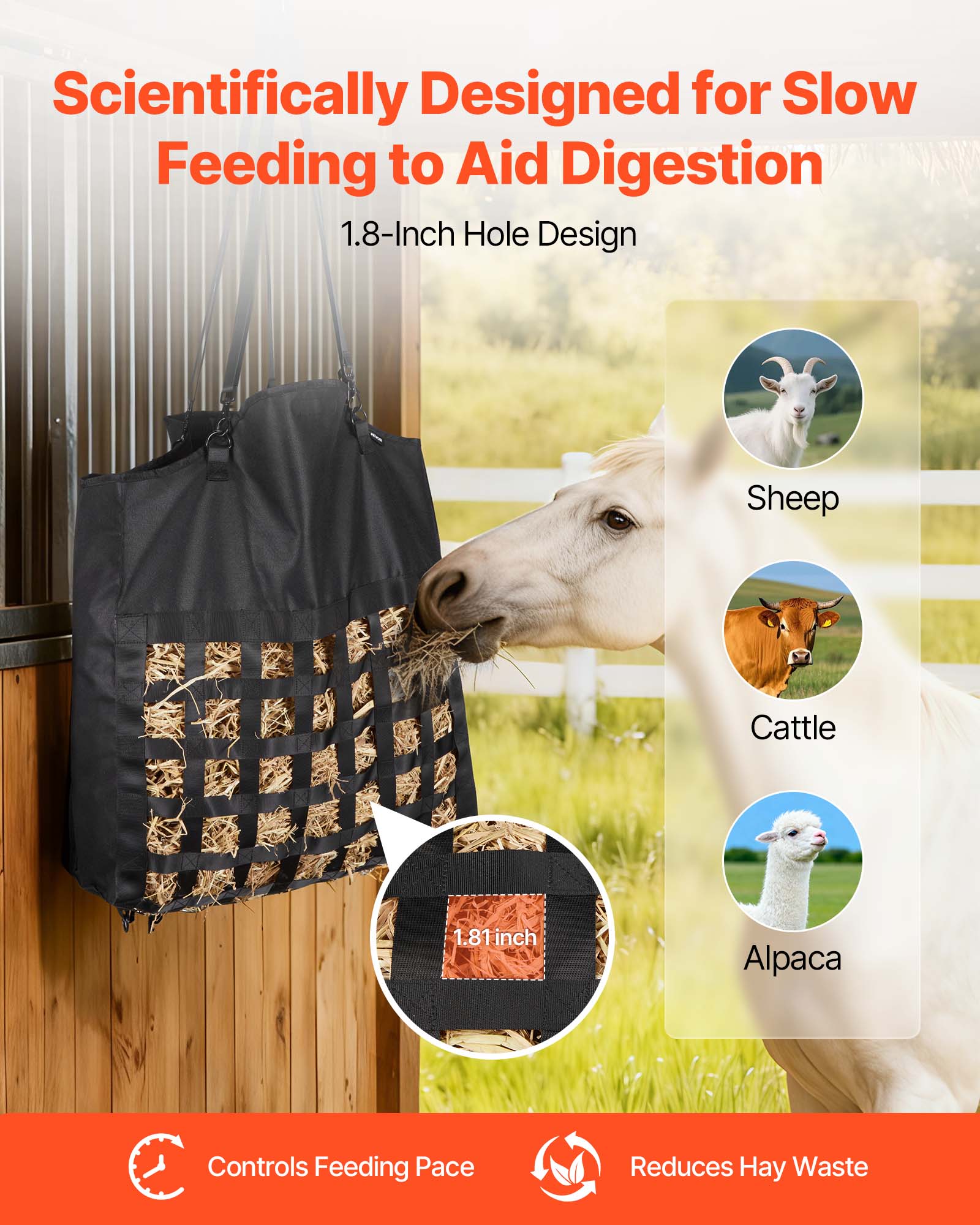 Scientifically Designed for Slow Feeding to Aid Digestion  
1.8-Inch Hole Design  

Sheep  
Cattle  
Alpaca  

1.81 inch  

Controls Feeding Pace  
Reduces Hay Waste
