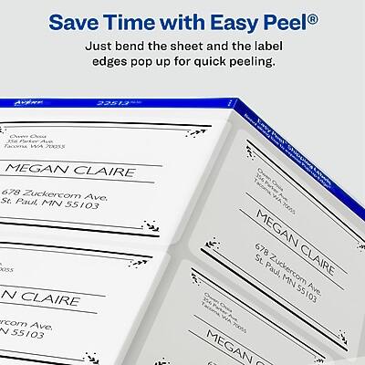 Save Time with Easy Peel®  
Just bend the sheet and the label edges pop up for quick peeling.

AVENE 22513  
One Or 35e Aerker Ave  
Tacoma, WA 00%5

MEGAN CLAIRE  
678 Zuckercom St.  
St. Paul, MN 55103

MEGAN CLAIRE  
678 Zuckercom Ave.  
St. Paul, MN 55103