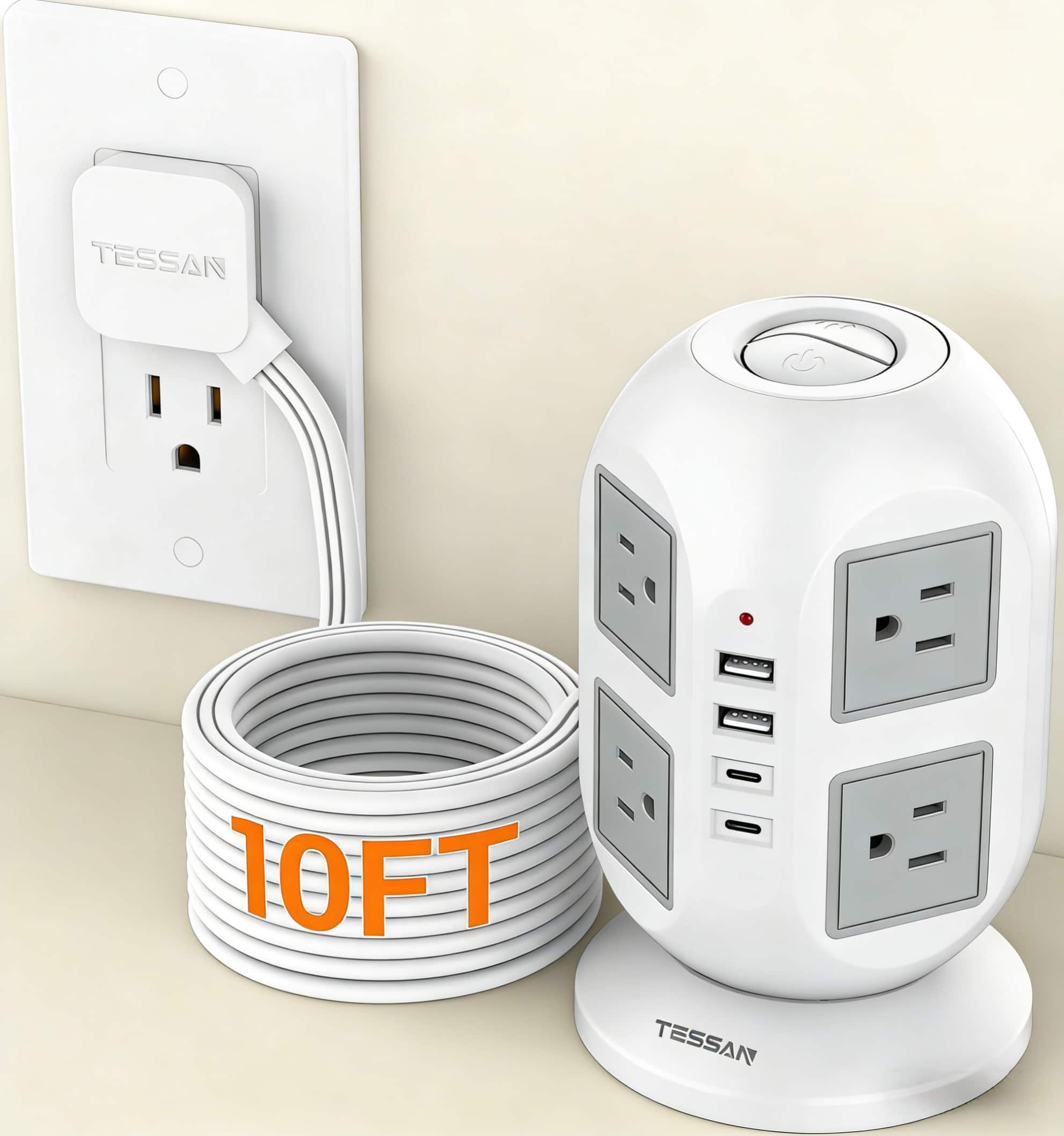 TESSAN - 10 Ft Flat Extension Cord Plug,Tower Surge Protector Power Strip with 8 Outlets and 4 USB Ports ( 2USB-C ) - Grey White