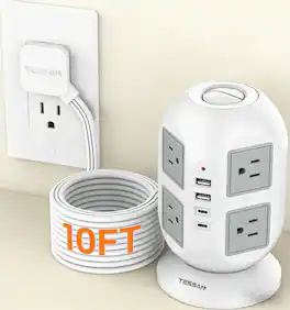 TESSAN - 10 Ft Flat Extension Cord Plug,Tower Surge Protector Power Strip with 8 Outlets and 4 USB Ports ( 2USB-C ) - Grey White