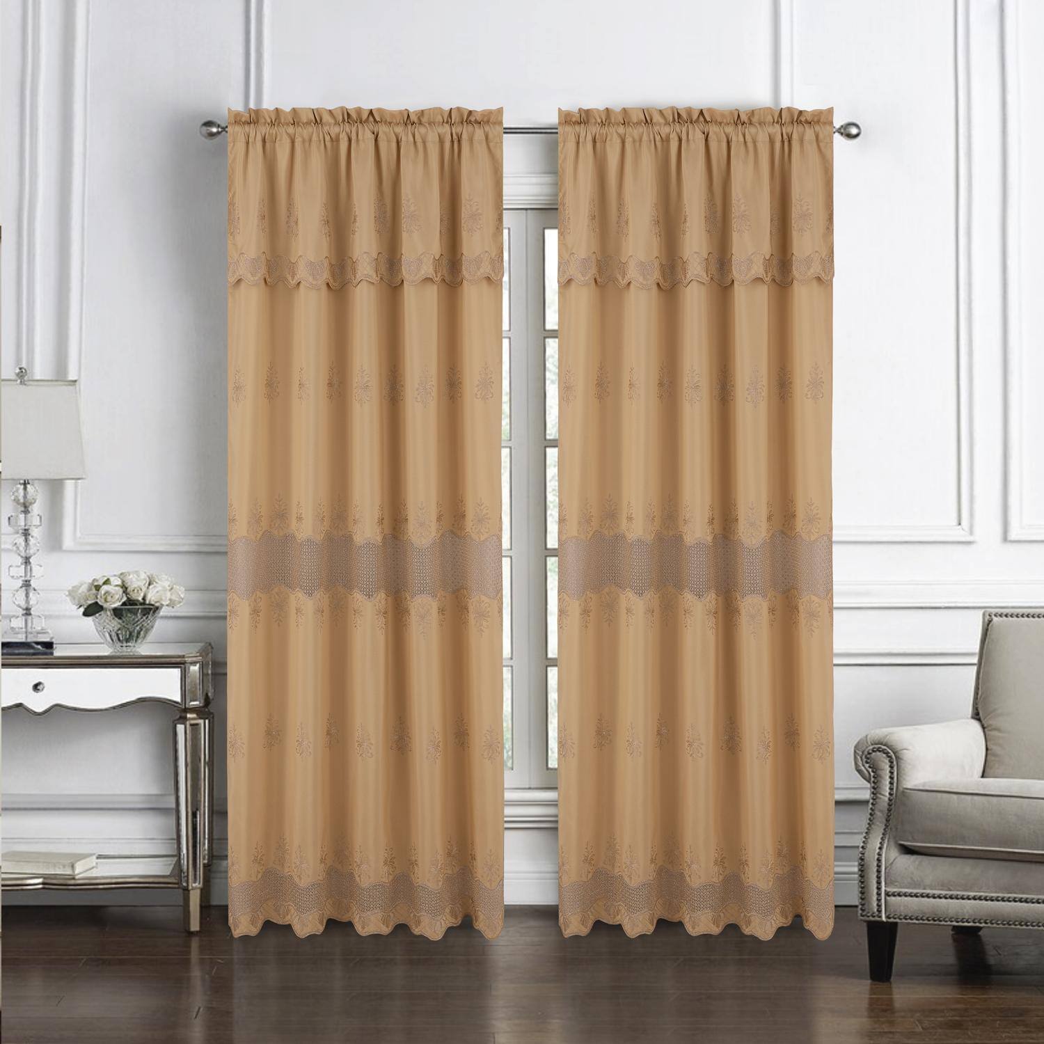 Angle. RT Designers Collection - RT Designers Collection Donna Macrame Construction 3" Rod Pocket Curtain Panel 54" x 90" Gold - Gold/gold.