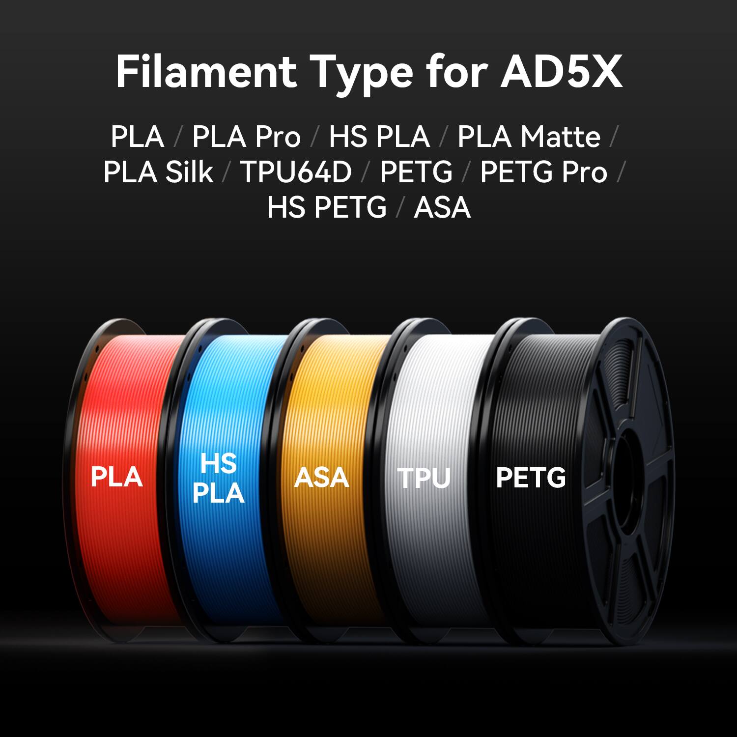 Filament Type for AD5X

PLA / PLA Pro / HS PLA / PLA Matte / PLA Silk / TPU64D / PETG / PETG Pro / HS PETG / ASA