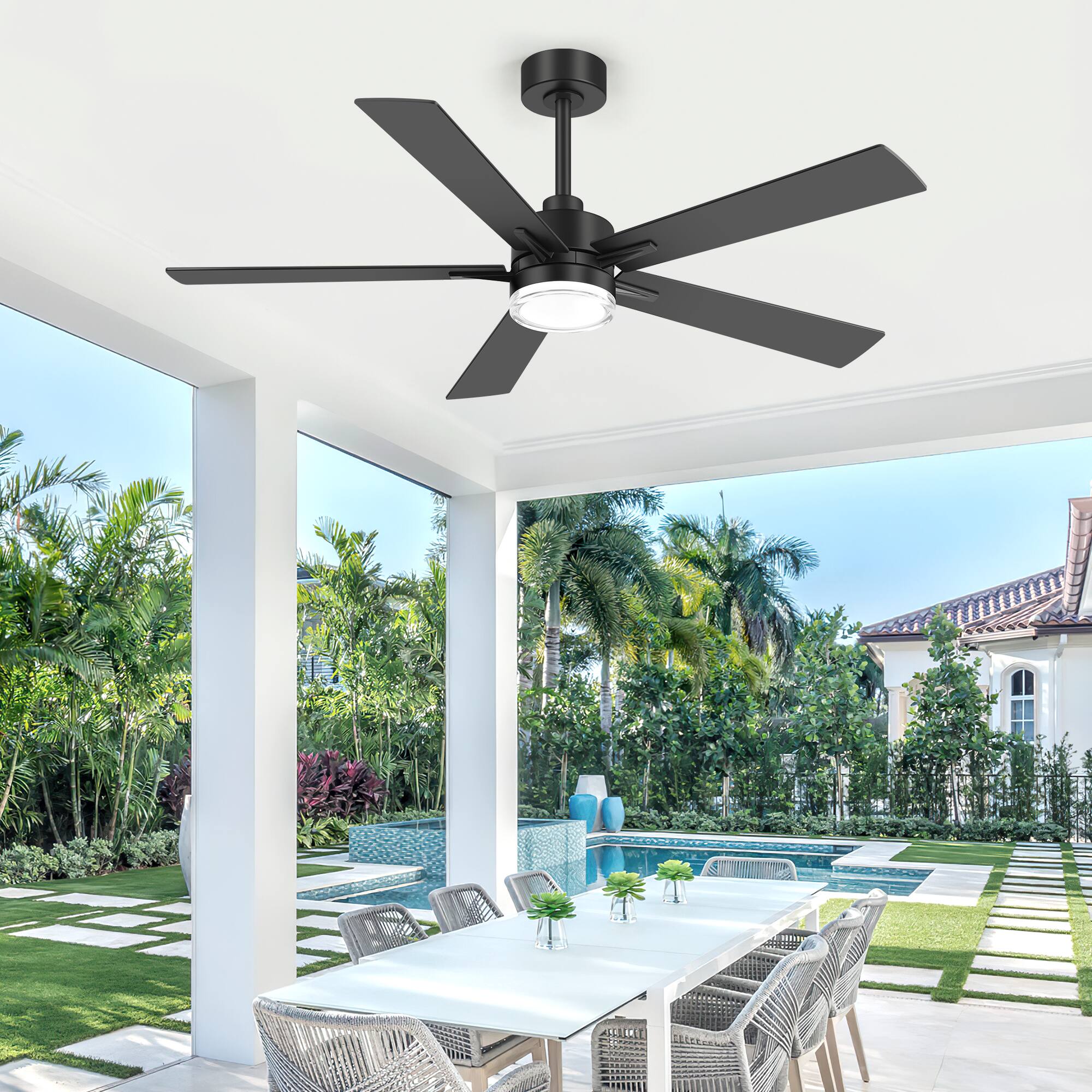 Back. Breezary - 52 Inch LED Ceiling Fan with Light and Remote, 5 Dual-Finish Blades, Reversible DC Motor, 2 Downrods Included - black.